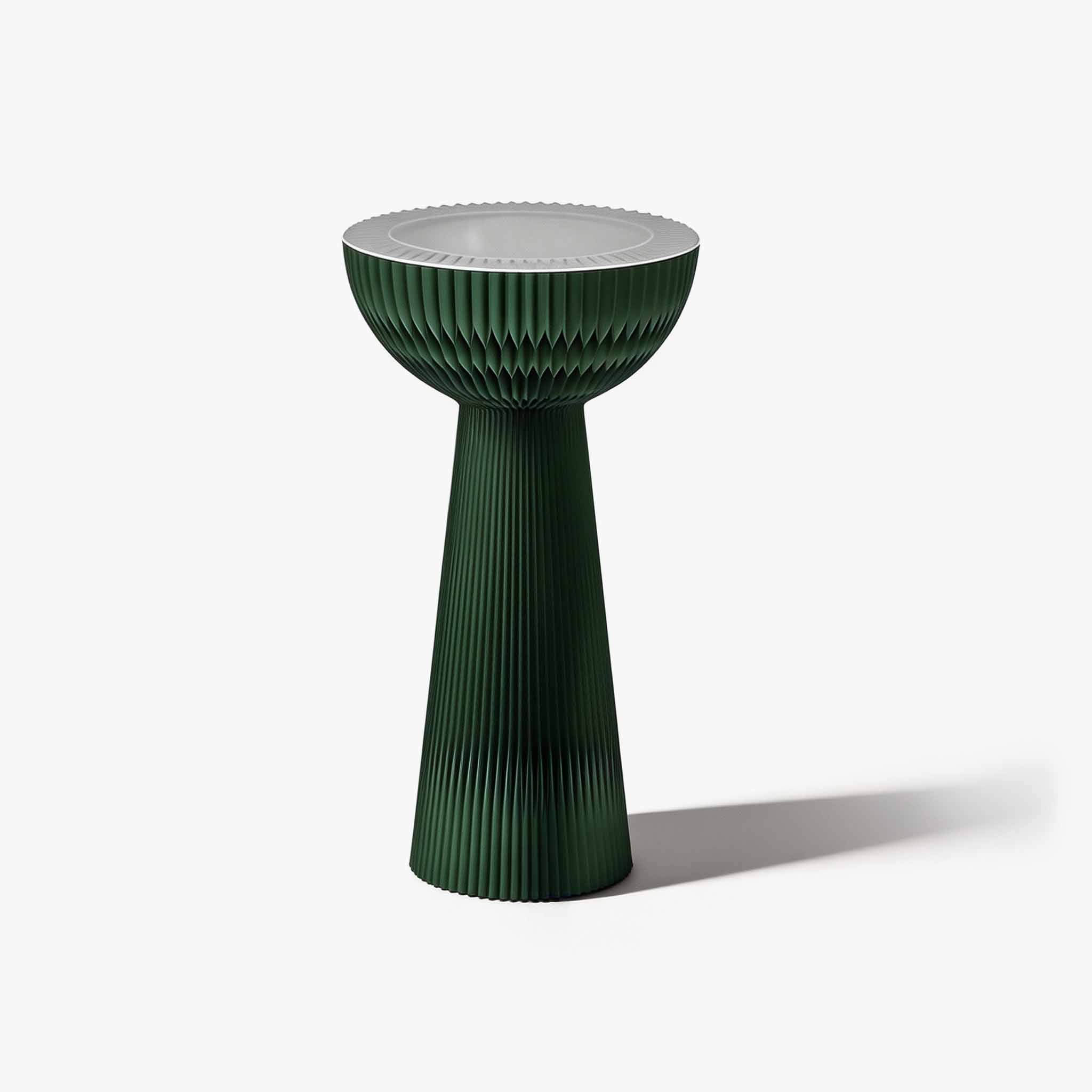 Pine green tall foldable kraft paper display pedestal curating a warm modern organic vibe in the living room.