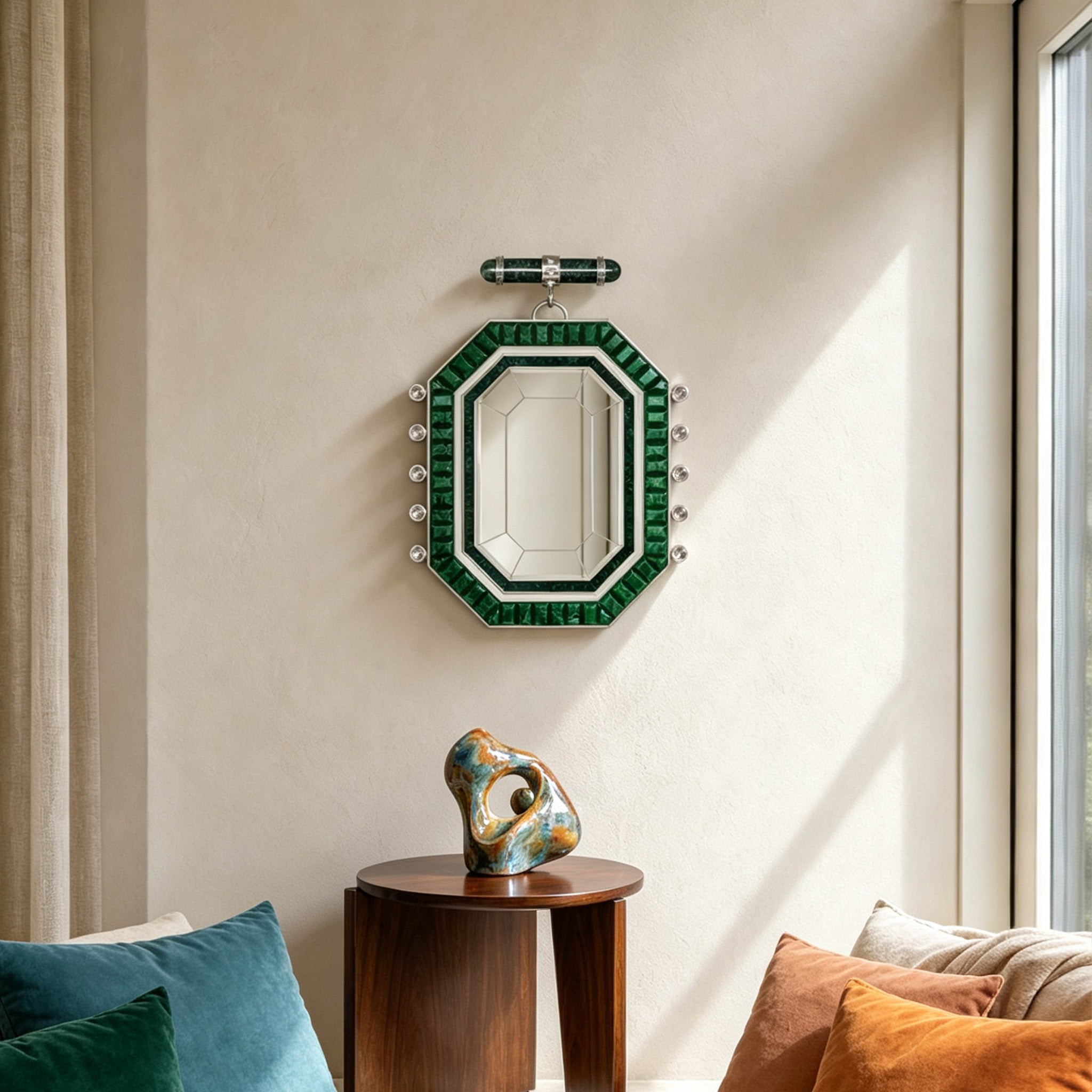 Green decorative wall mirror with Art Deco details styled in a modern living room by Artamore.