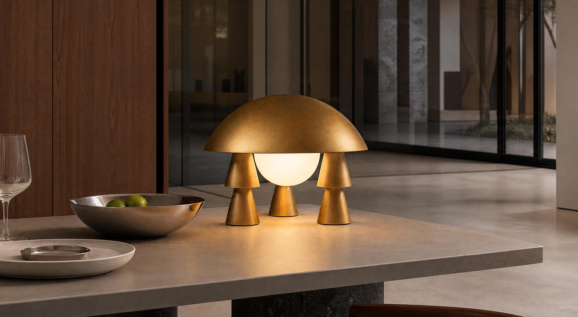 Placed elegantly in a calm room, the artamore aged aluminium lamp showcases its balance of industrial strength and warm modern elegance.