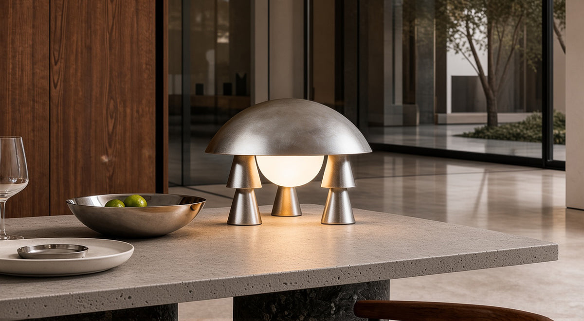 Placed elegantly in a calm room, the artamore aged aluminium lamp showcases its balance of industrial strength and warm modern elegance.