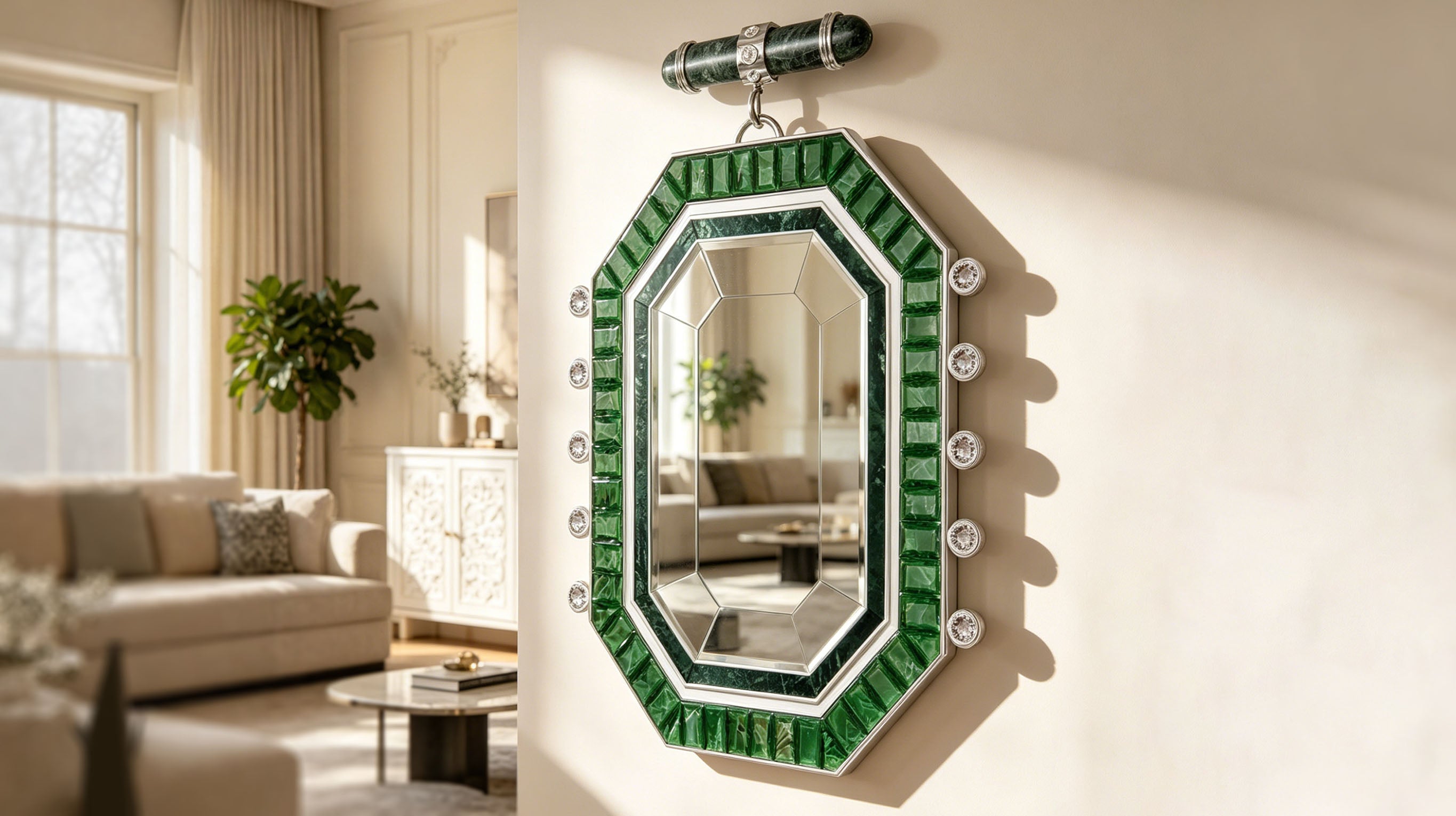 A side profile of the ARTAMORE Jewelry Collection mirror, showcasing the jewel-like depth of polished recycled glass for modern organic styling.