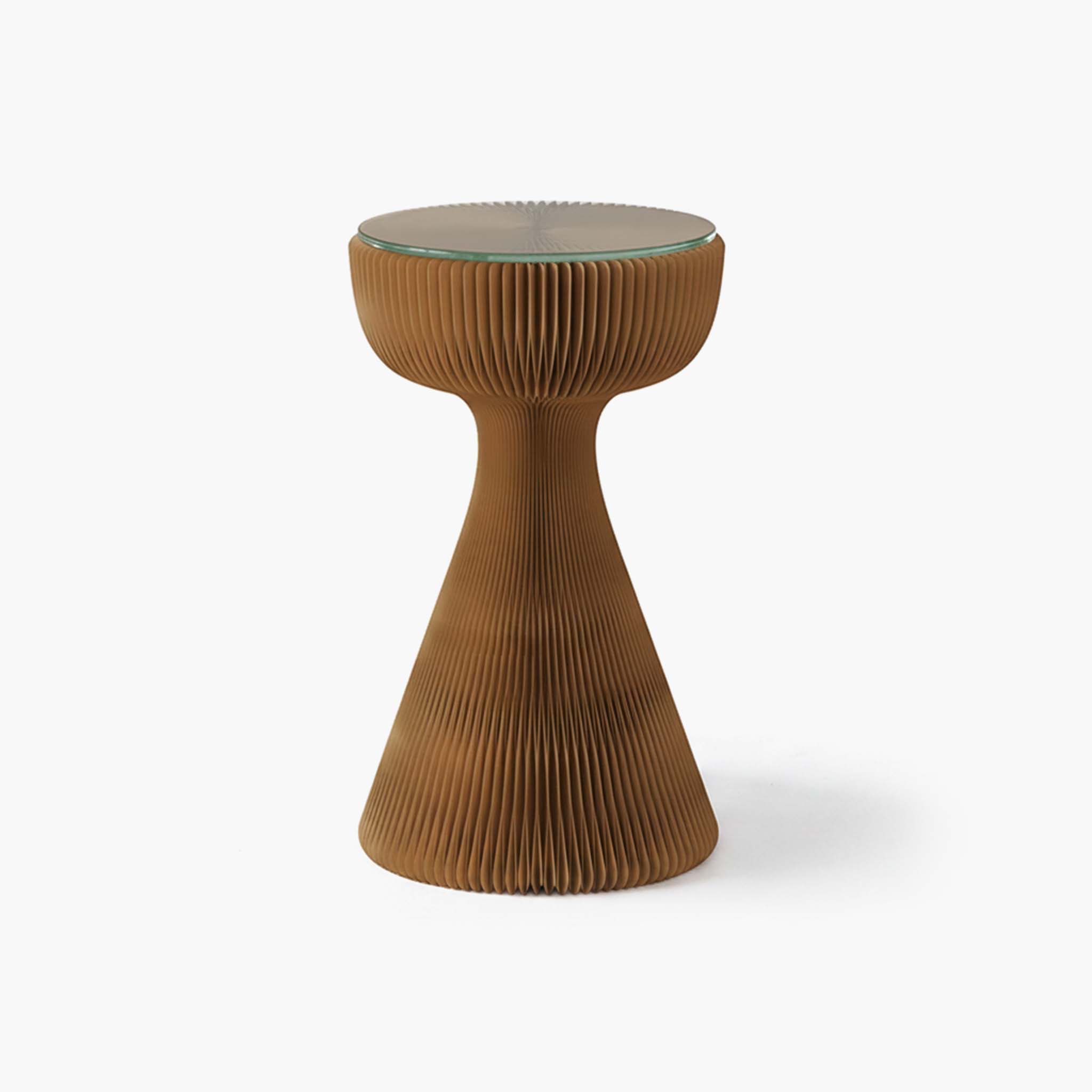 Warm brown kraft paper end table with a modern organic honeycomb structure for minimalist living rooms.