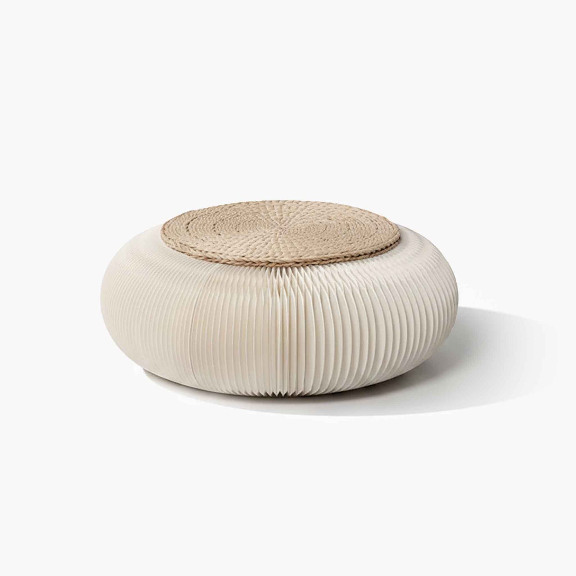 Sustainable kraft paper meditation cushion featuring white fleece seat and minimalist Zen design by ARTAMORE.