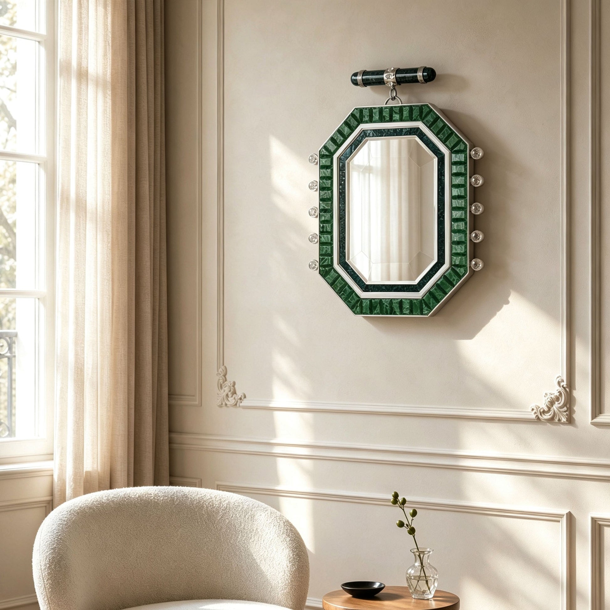 Artamore Nobility Mirror with emerald green recycled glass frame in an elegant living room.