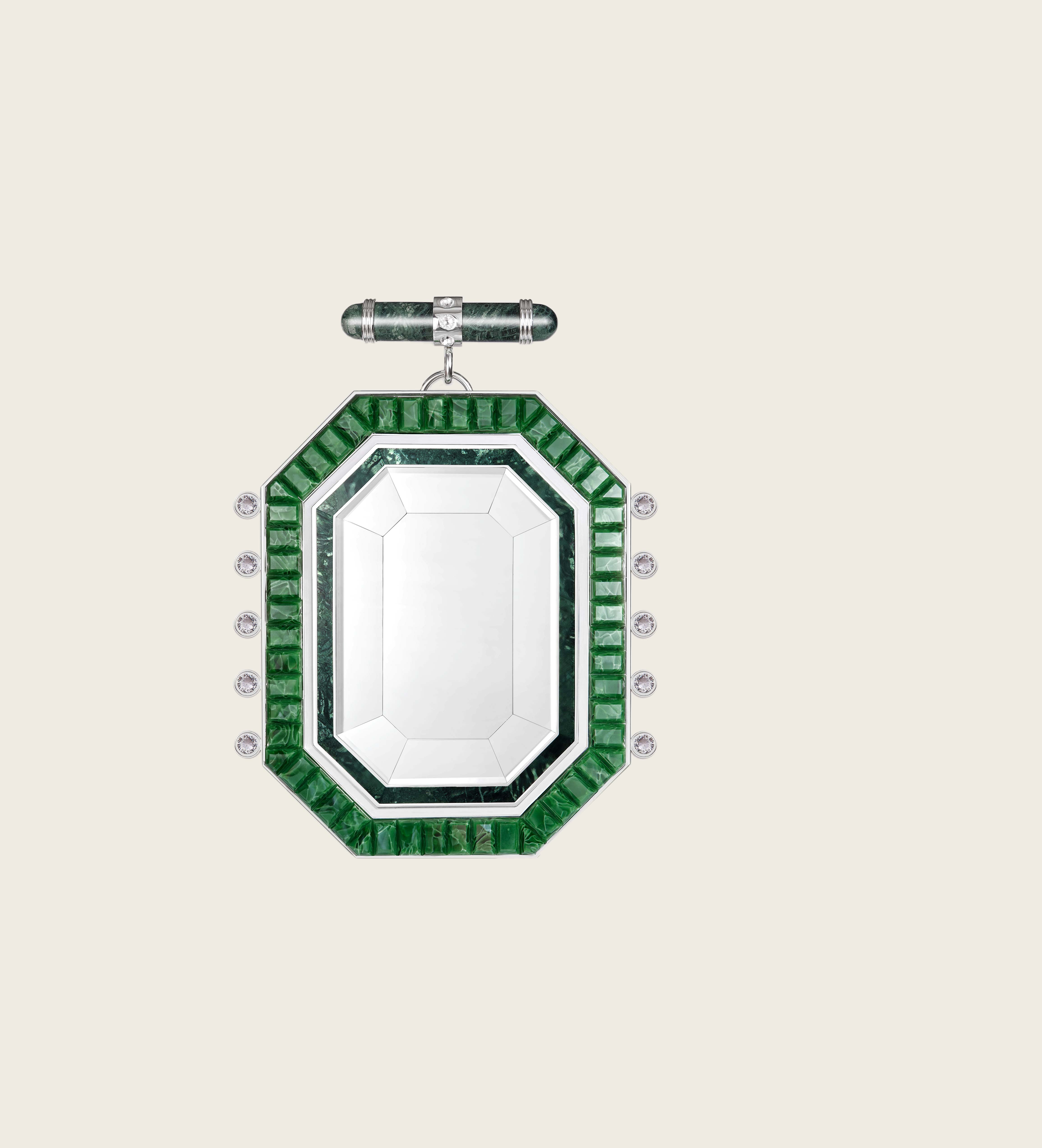 The ARTAMORE Nobility Mirror styled in a warm minimalist living room, utilizing its emerald recycled glass frame to create a striking artistic presence.