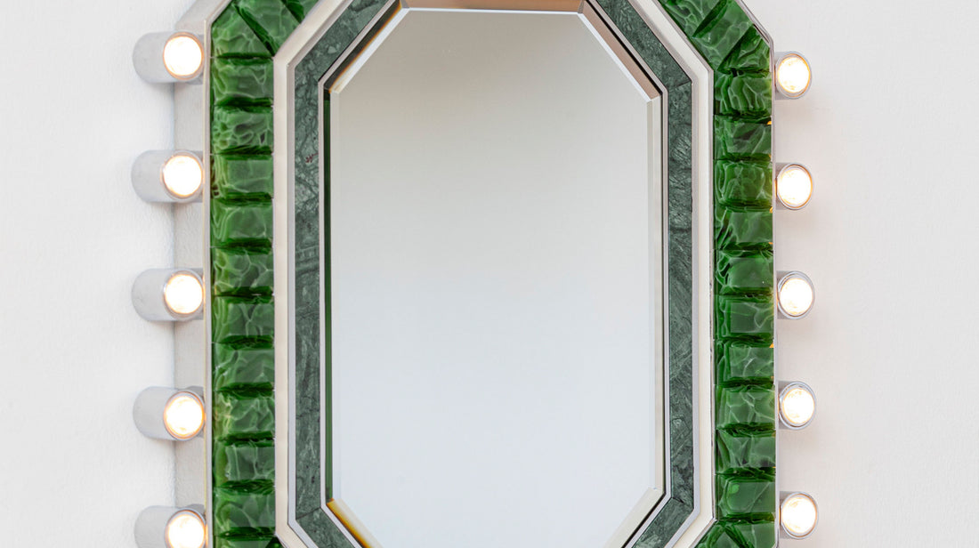 Detail shot of the ARTAMORE Nobility Mirror's structural hardware, highlighting the marble and resin 3D printed components for modern organic decor.