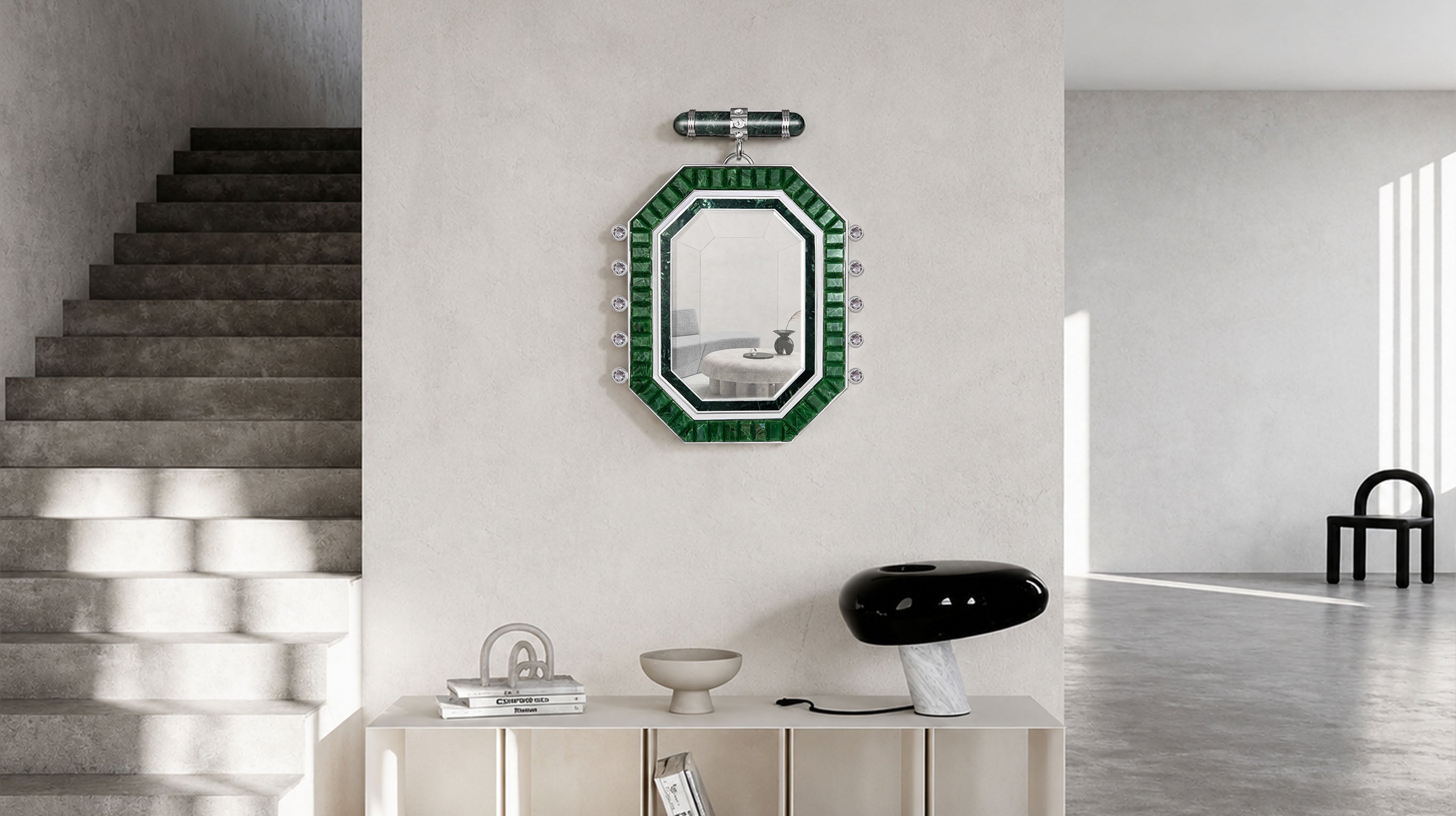 A front view of the ARTAMORE Nobility Mirror, showcasing emerald recycled glass and Art Deco geometry for a warm minimalist home.