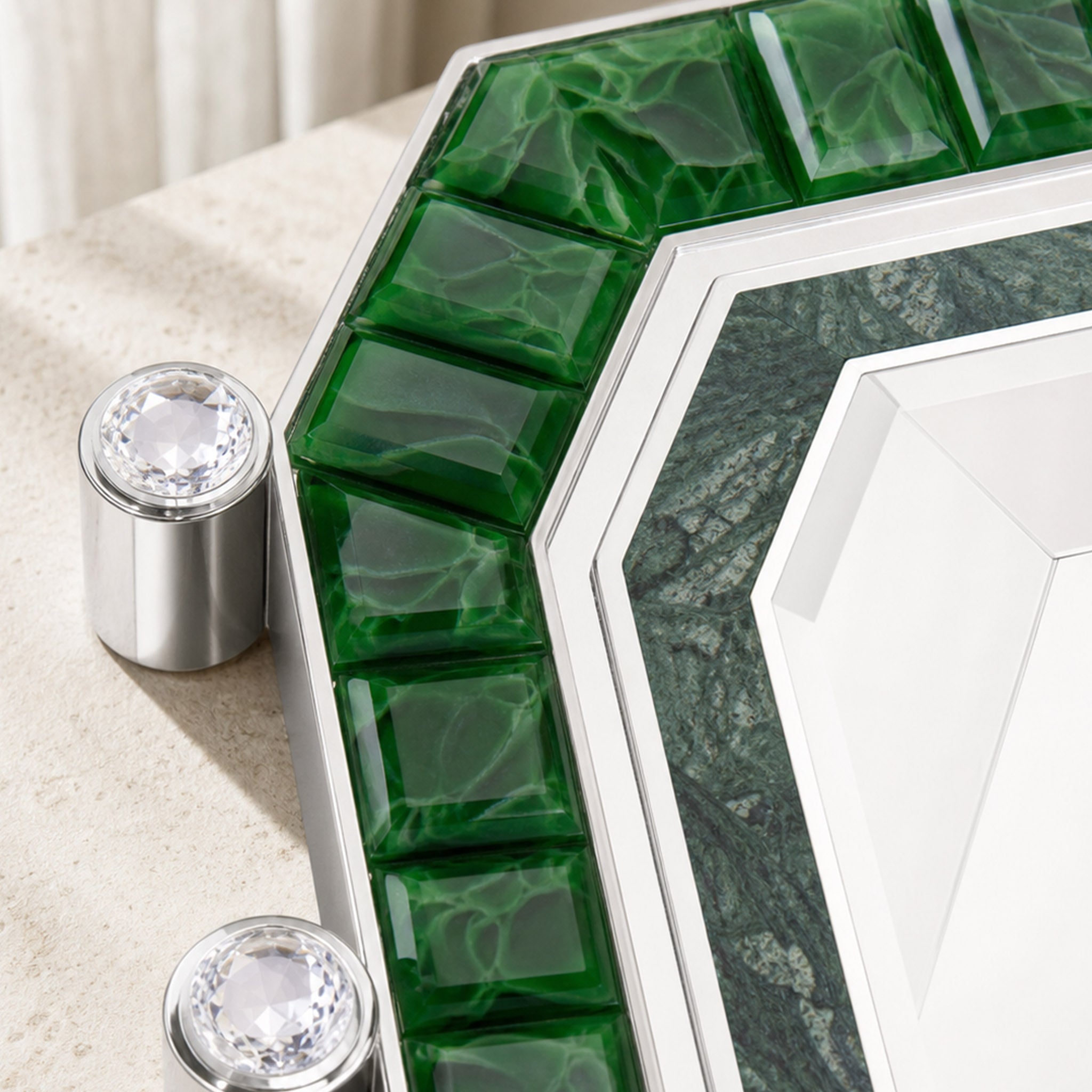 Close-up of Artamore Nobility Mirror with emerald recycled glass frame and crystal side accents.
