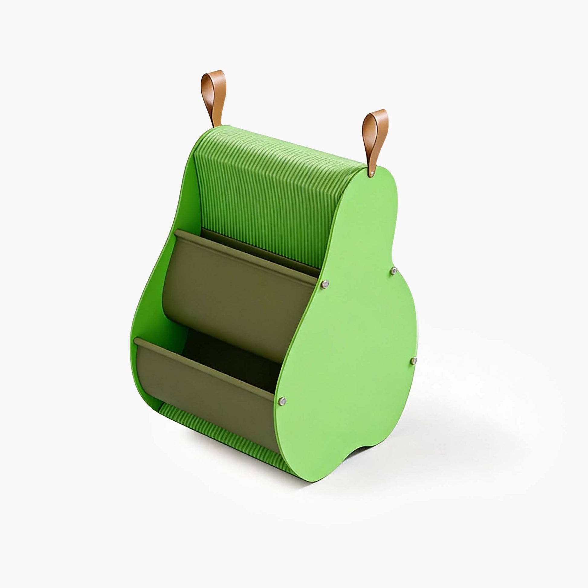 Sage green pear storage shelf made of sustainable kraft paper with a vintage leather handle.