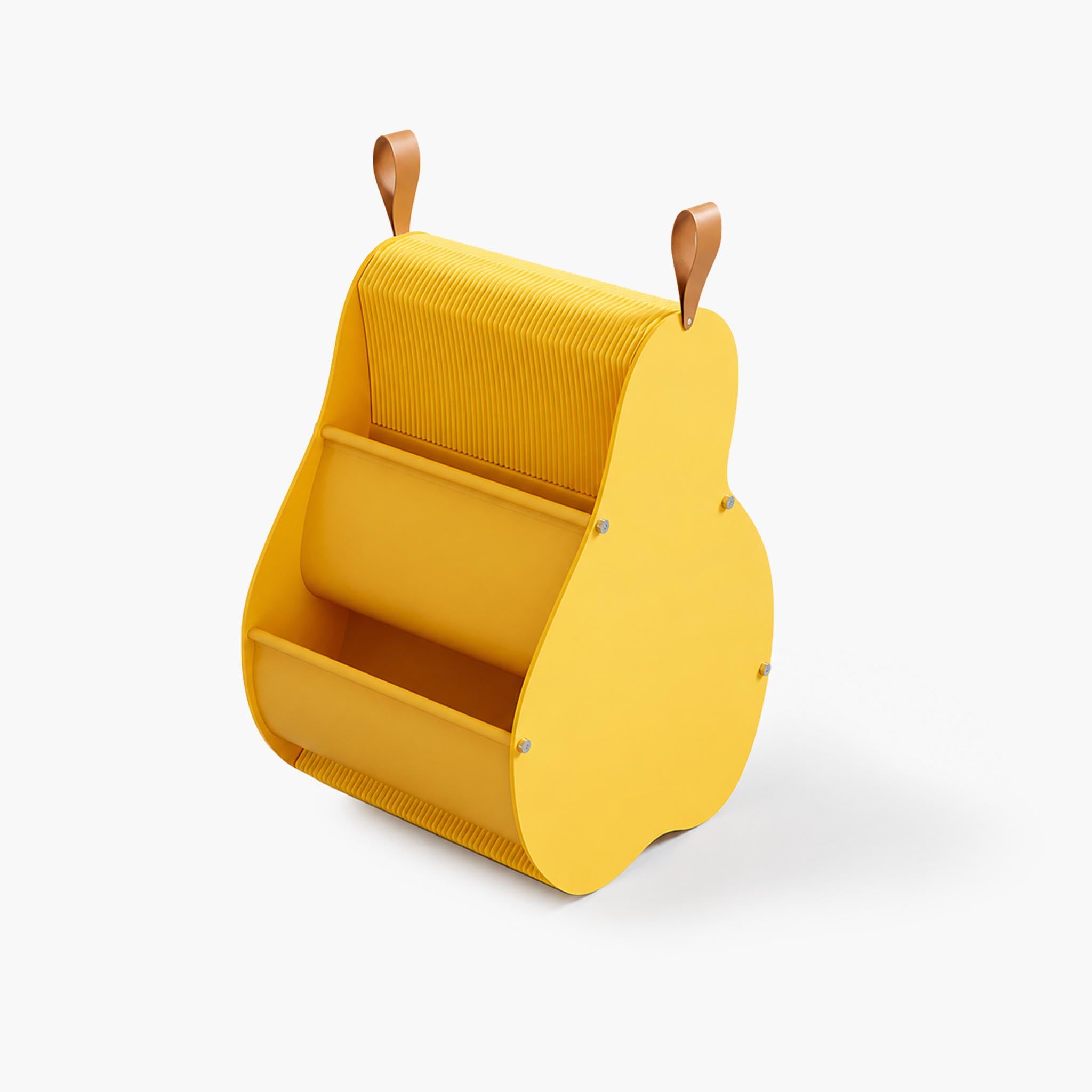 Sunshine yellow pear storage shelf in an artistic silhouette, foldable for effortless organization.
