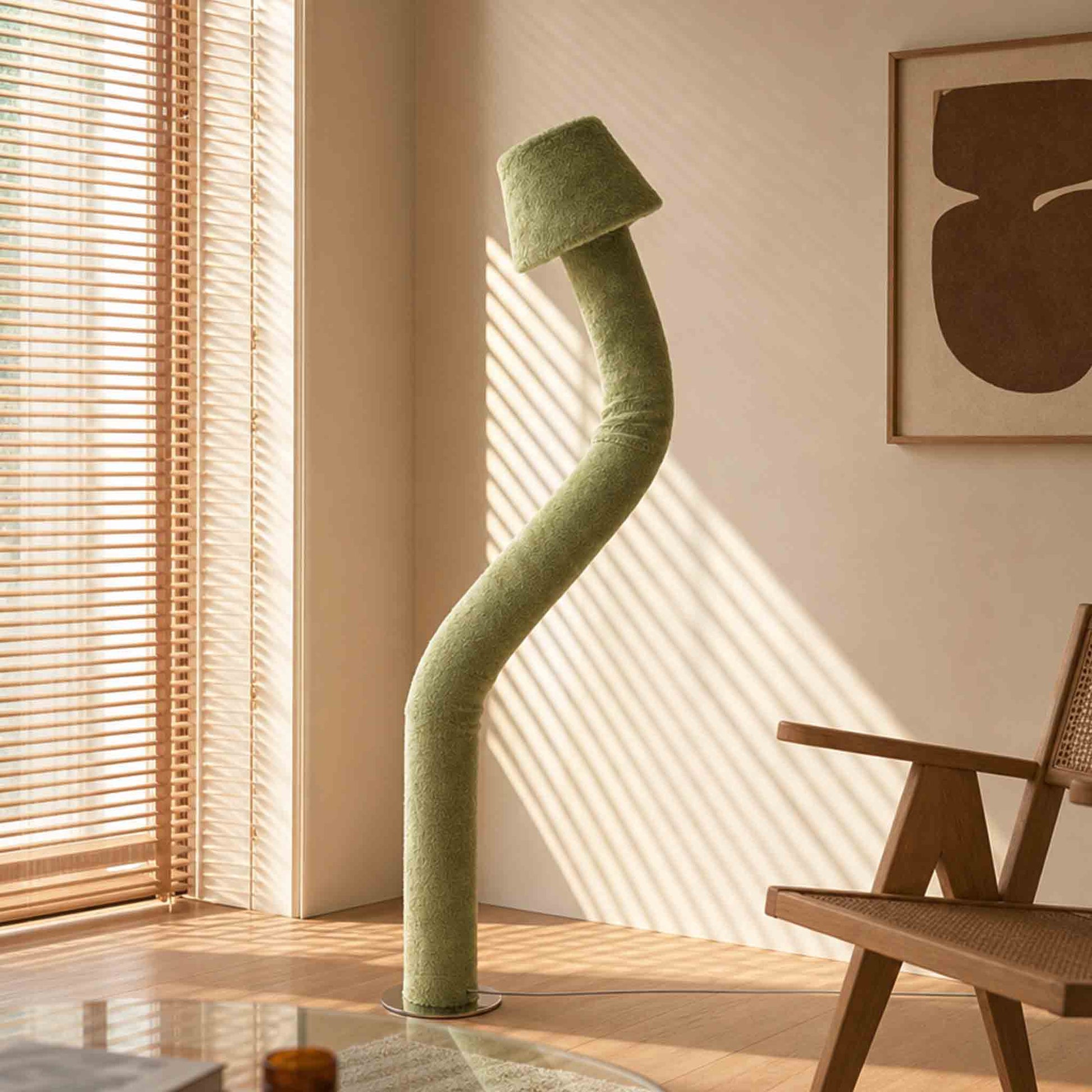 Detail of the eco-friendly faux fur standing light, highlighting its dynamic bendable neck design.