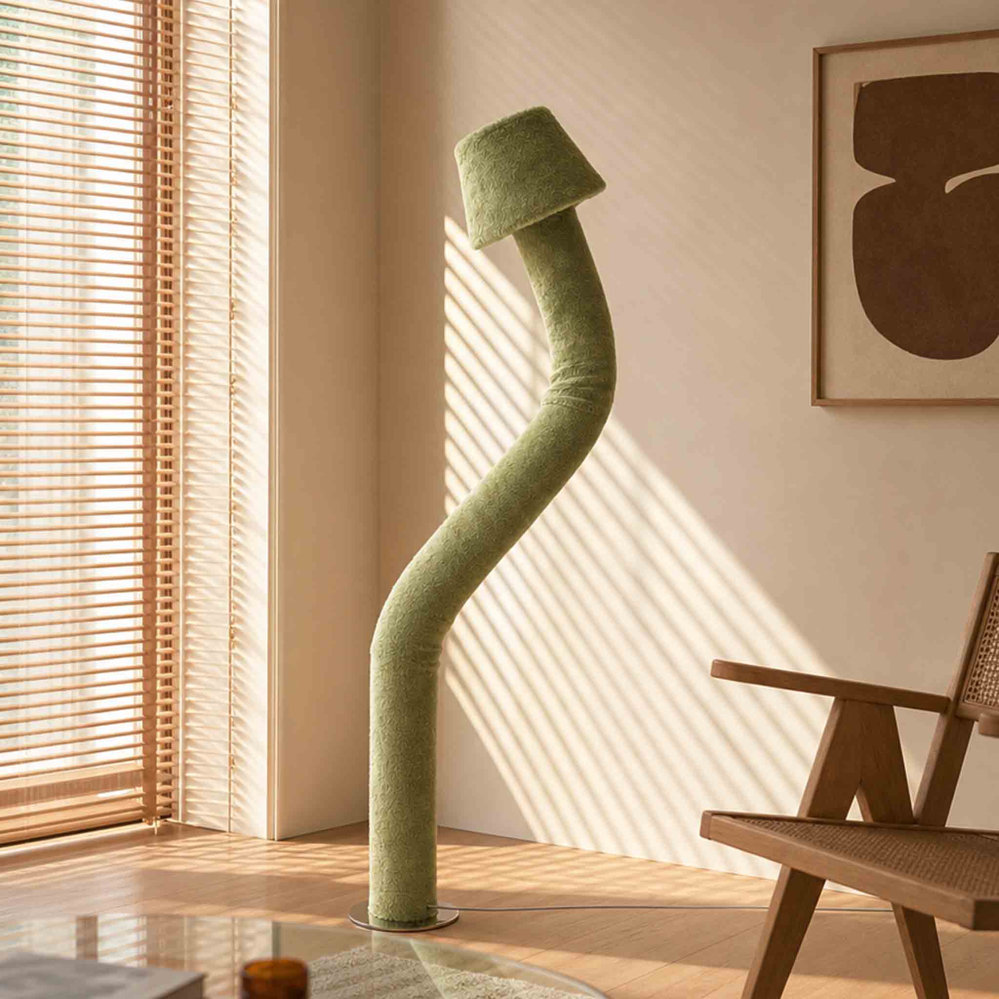 Detail of the eco-friendly faux fur standing light, highlighting its dynamic bendable neck design.