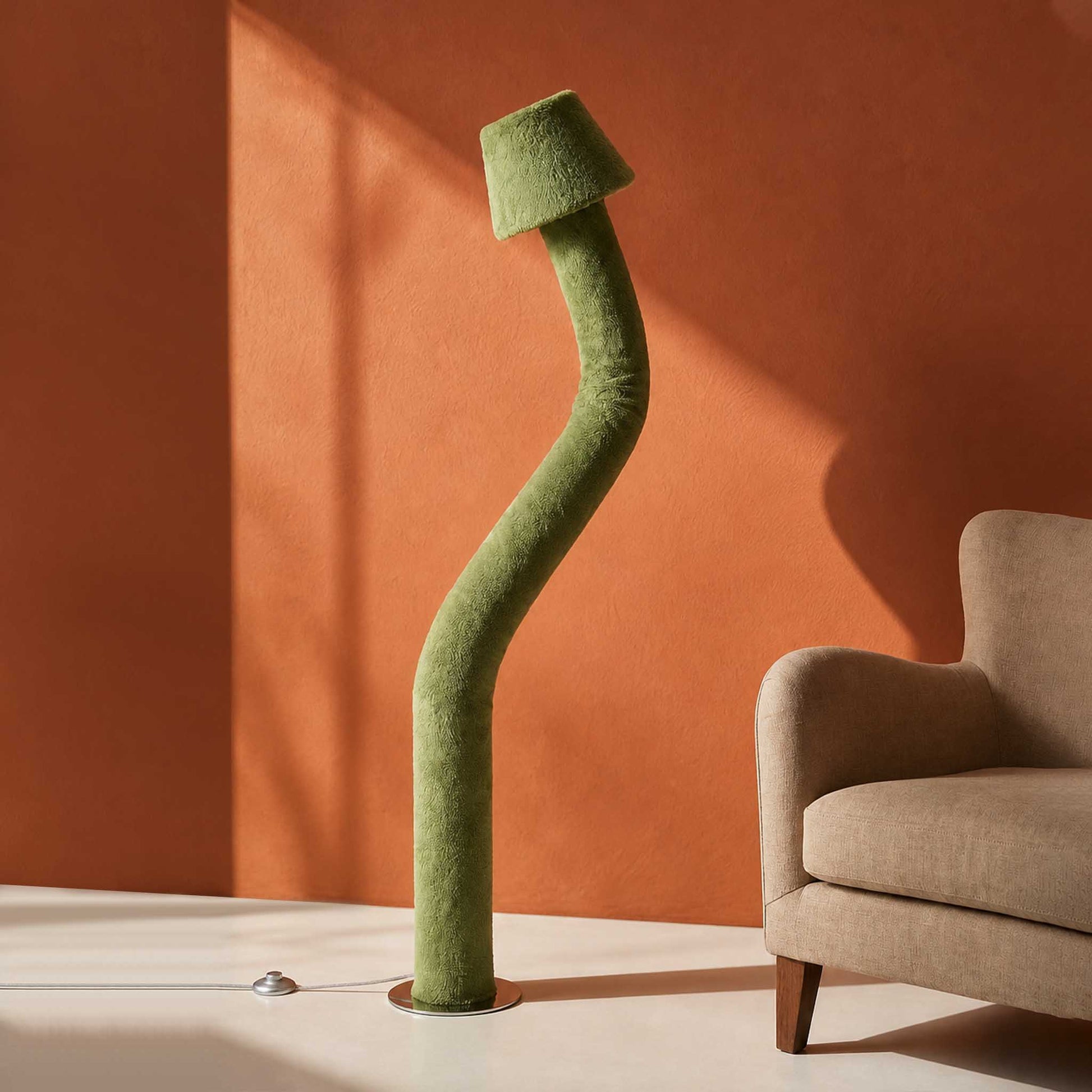 Soft ambient lighting filtering gently through the tactile faux fur texture of the cozy standing lamp.