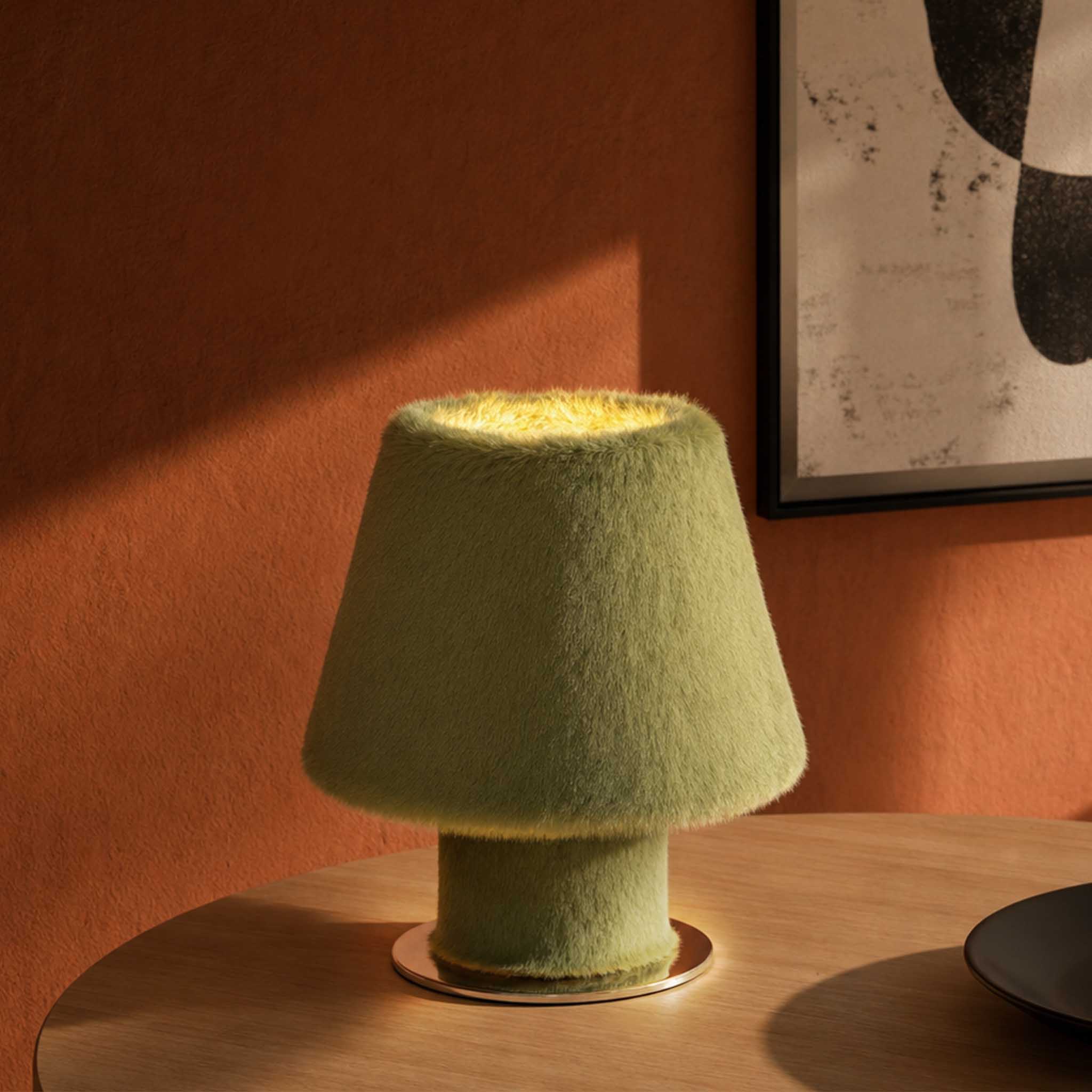 Warm modern organic bedside table lamp styled perfectly in a serene, quiet luxury bedroom.