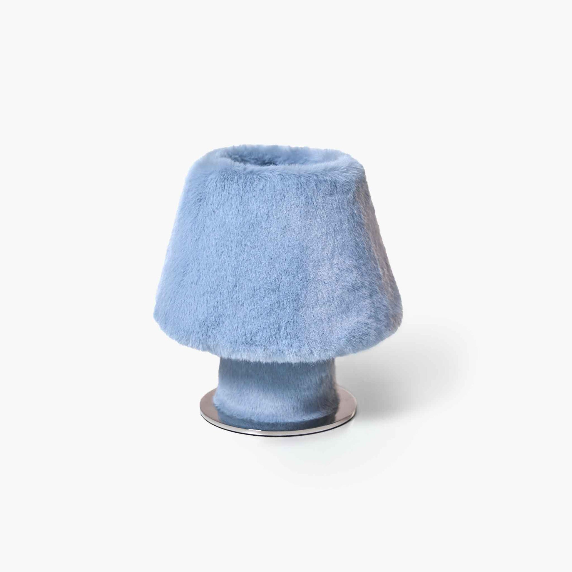 Blue eco-friendly fluffy bedside lamp showcasing a timeless silhouette and tactile softness.