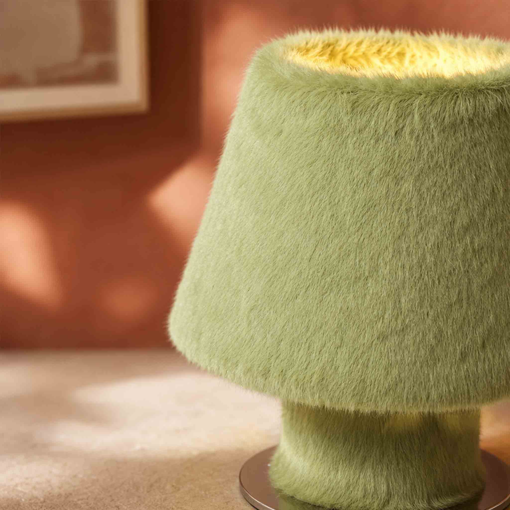 Close-up of the premium eco-friendly faux fur material on the tactile ambient table lamp.