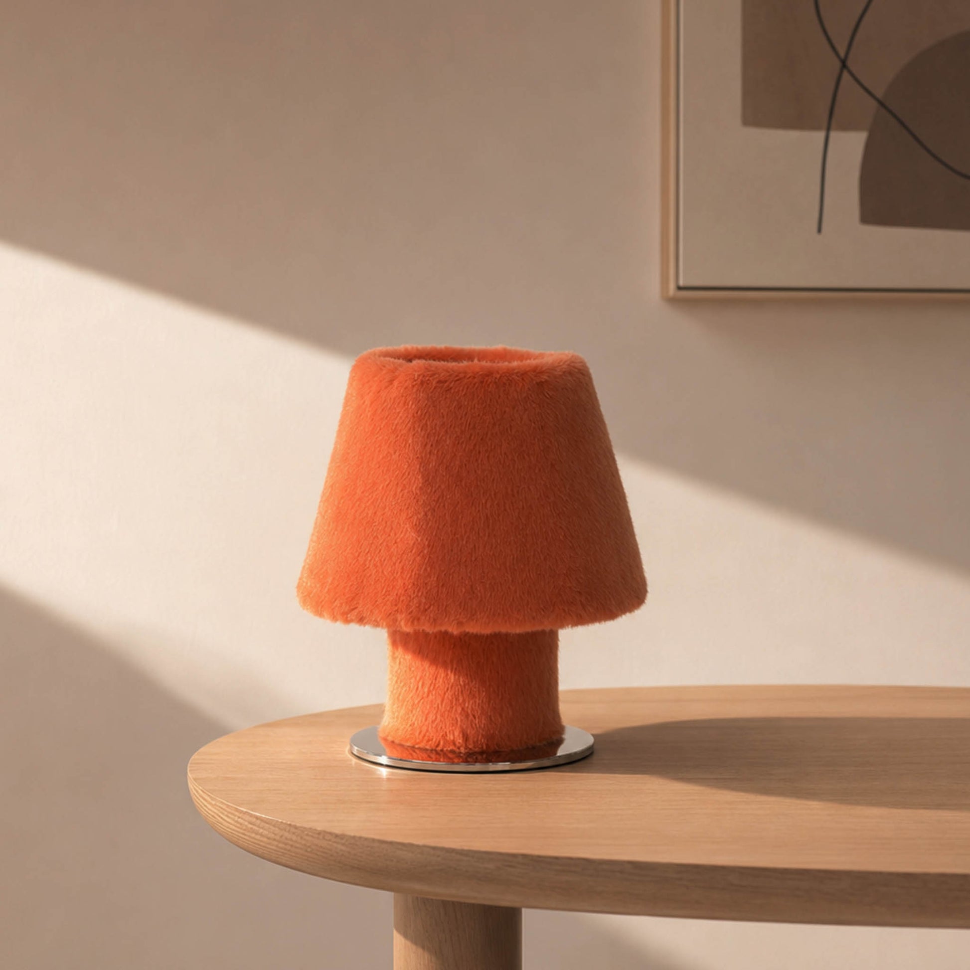 Soft ambient light filtering gracefully through the eco-friendly faux fur of the cozy table lamp.