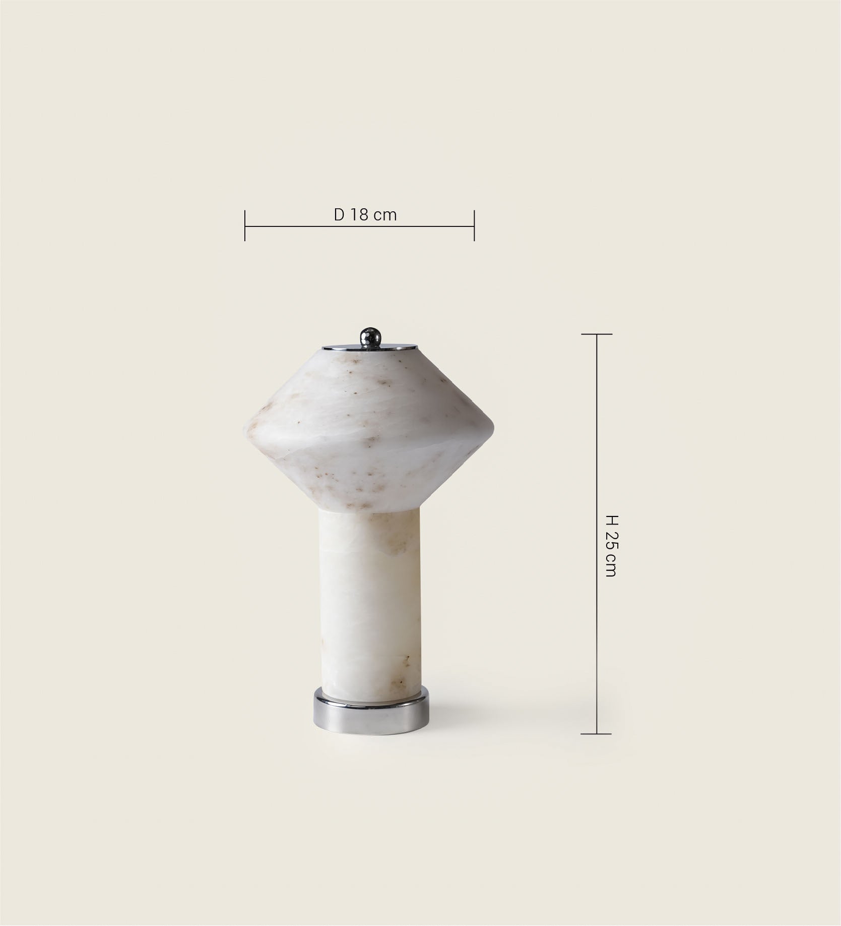A clear dimensional guide for the artamore marble table lamp, showing its 18-centimeter diameter and 25-centimeter height against a clean background.