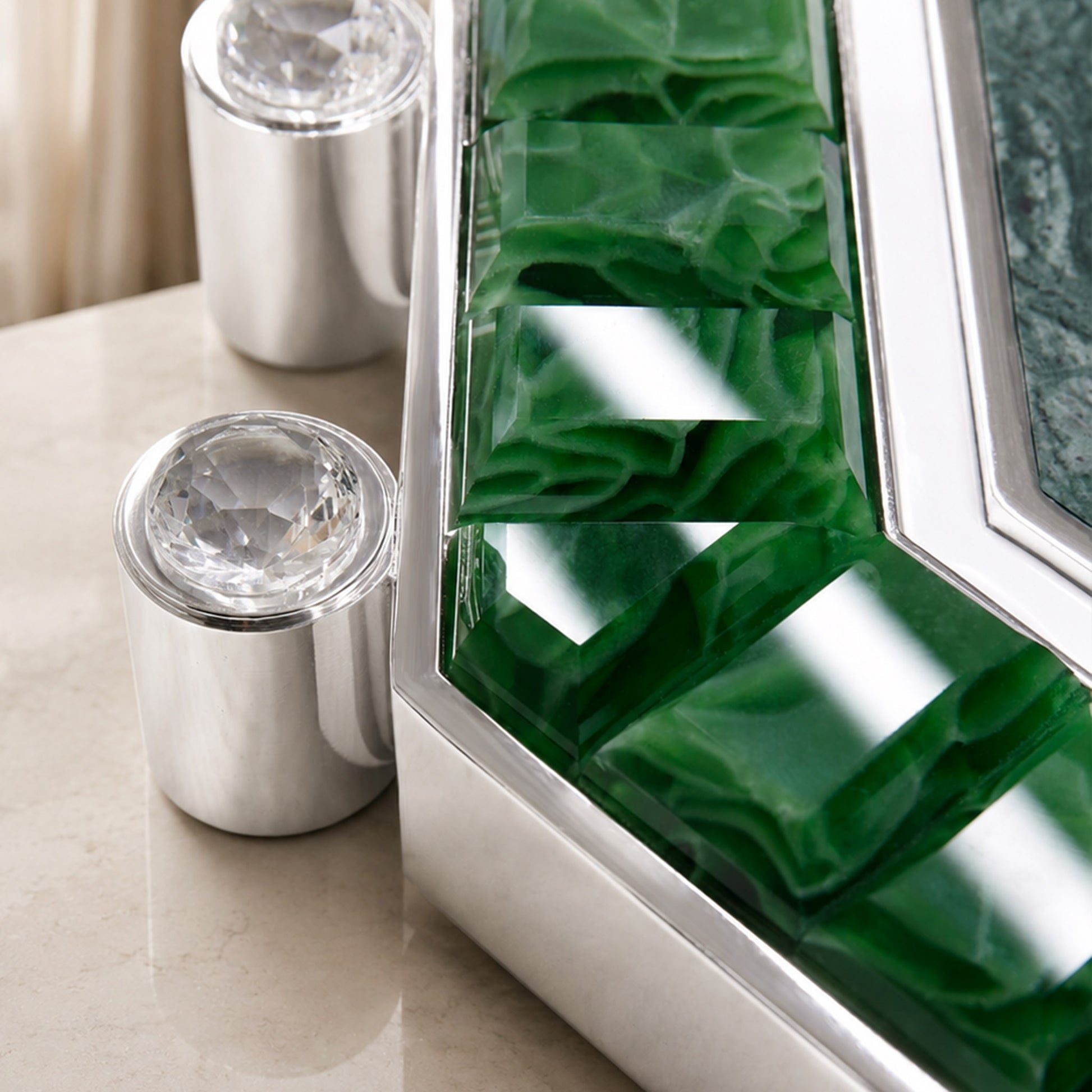 Faceted green recycled glass detail on the Artamore Nobility Mirror with jewel-like texture.