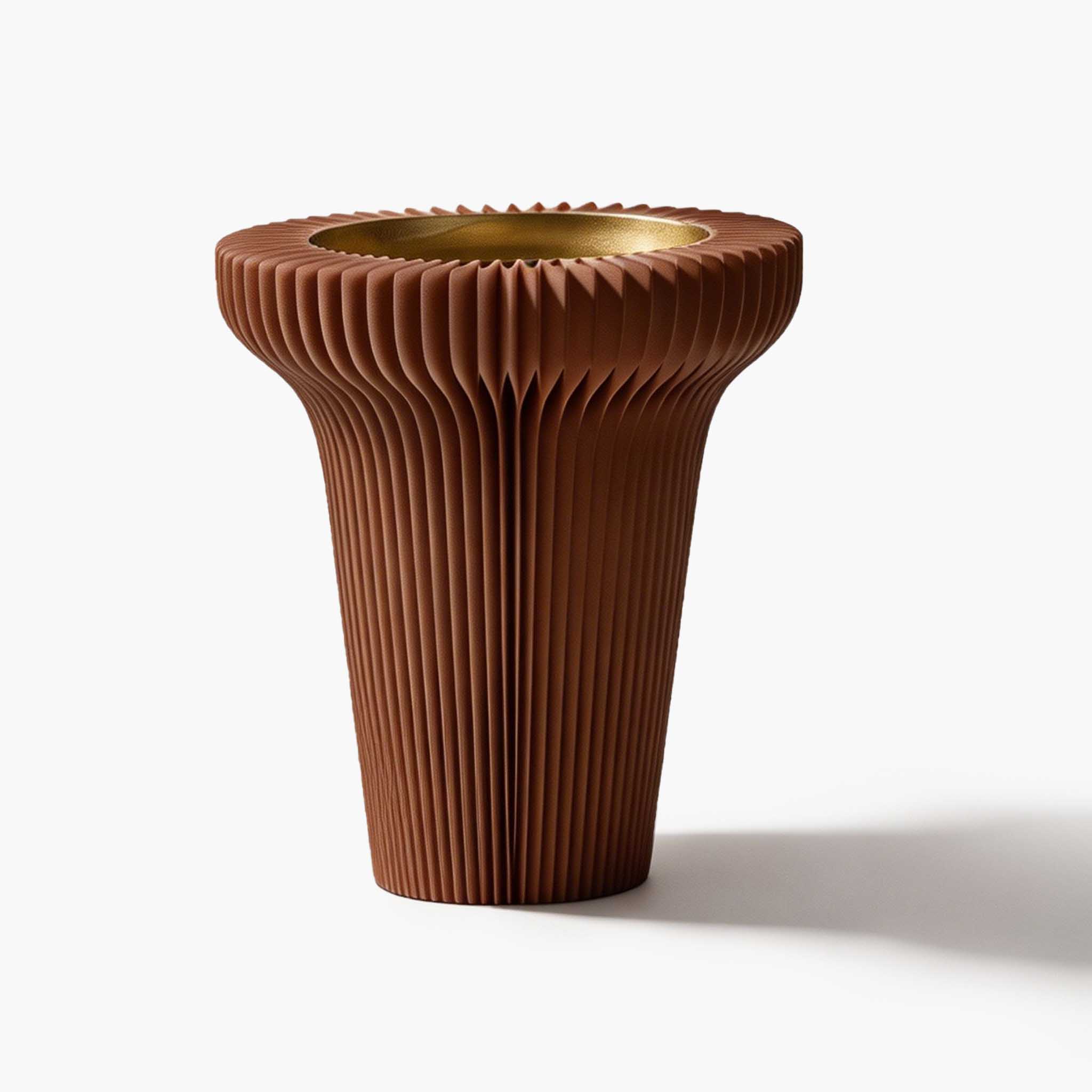 Warm brown eco-friendly tall jewelry stand showcasing the striking contrast between geometric paper and metal.