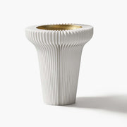 Minimalist white slim tall accordion pedestal tray with a sleek matte metal dish for elegant vertical display.
