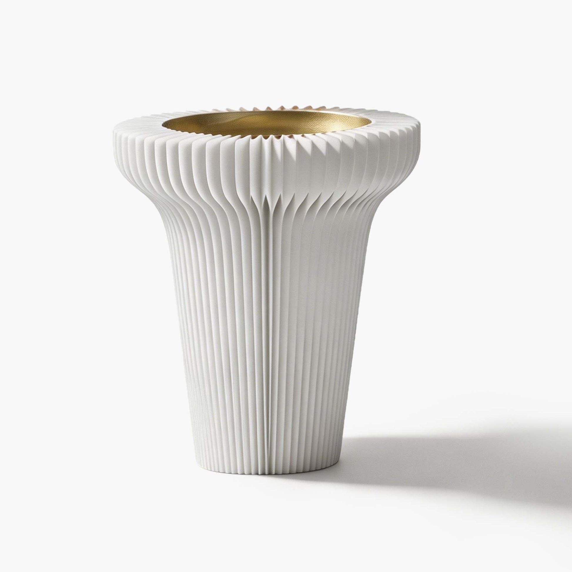 Minimalist white slim tall accordion pedestal tray with a sleek matte metal dish for elegant vertical display.