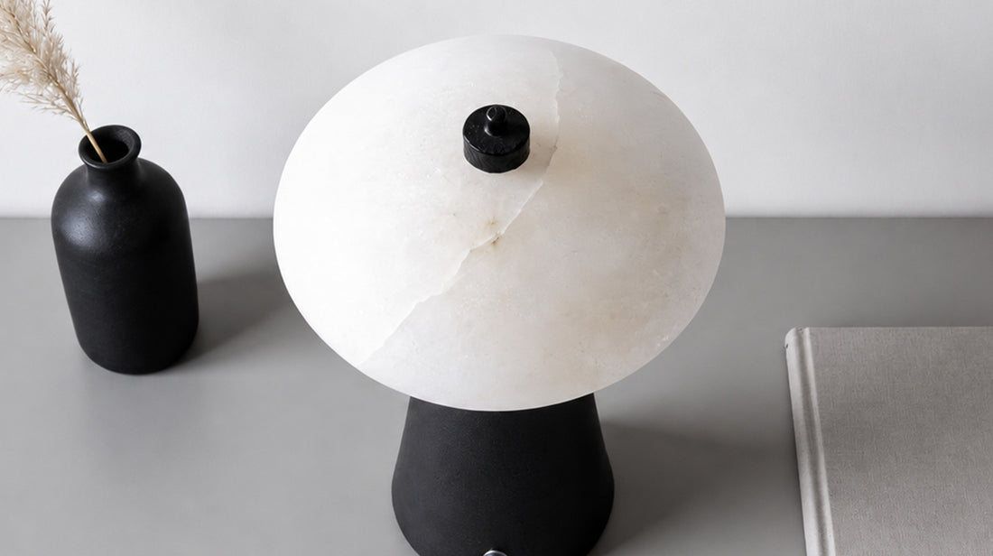 Detailed shot of the artamore stone bedside light's natural marble lampshade, showcasing its gentle, warm light transmission and unique textural patterns.
