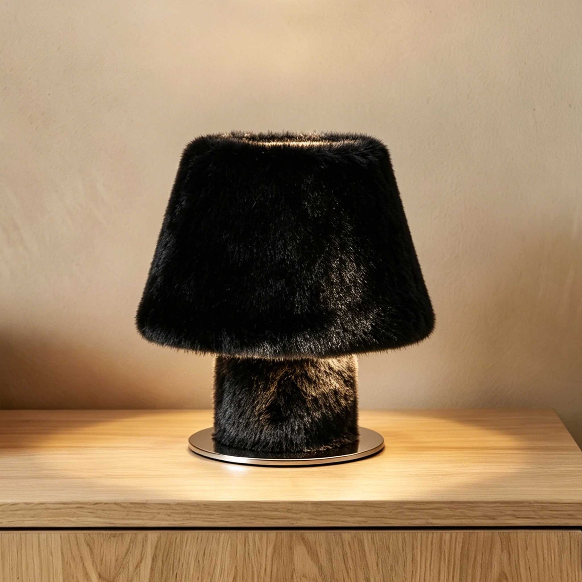 Illuminated black fluffy table lamp radiating warm ambient light