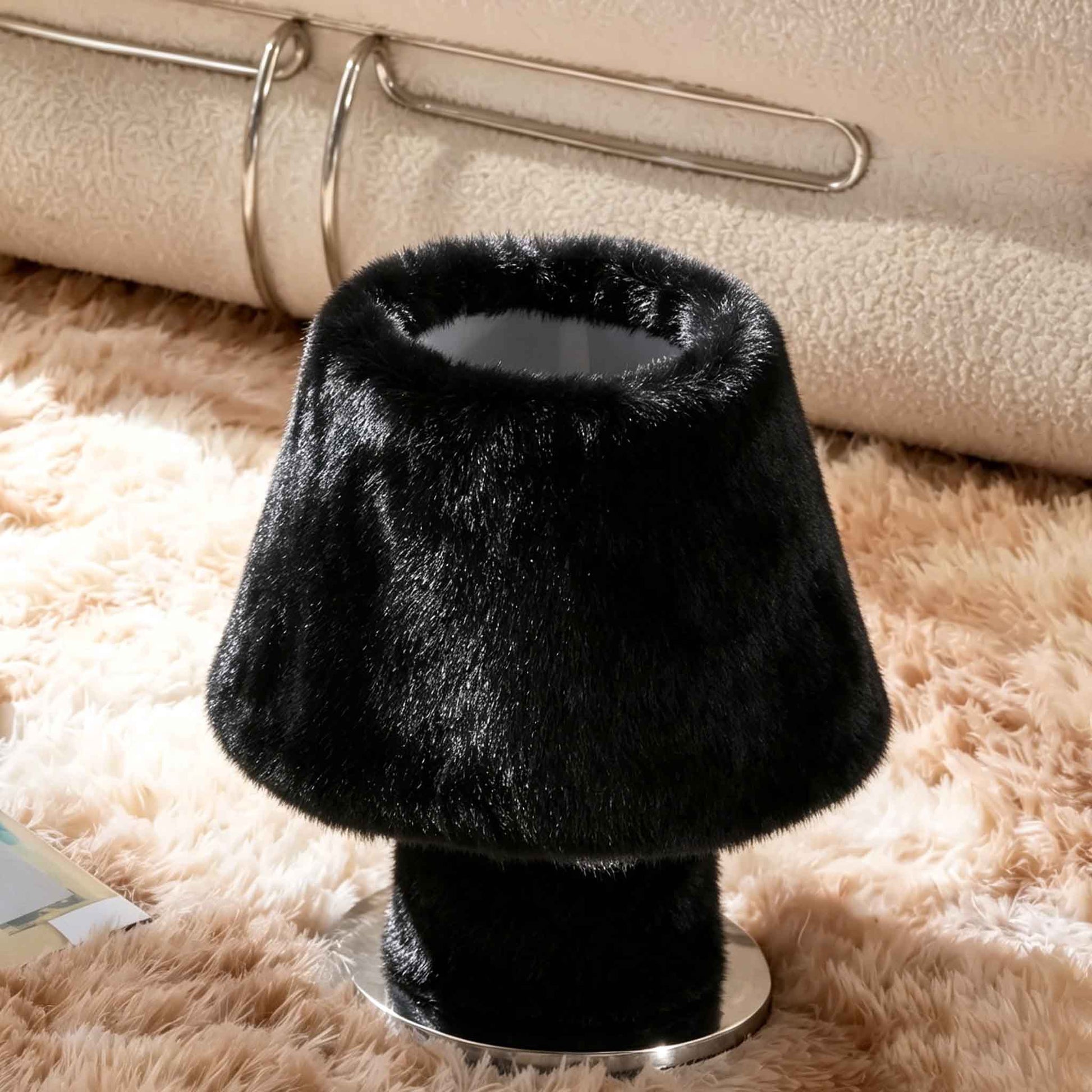 Close-up texture of premium black eco-friendly faux fur lampshade