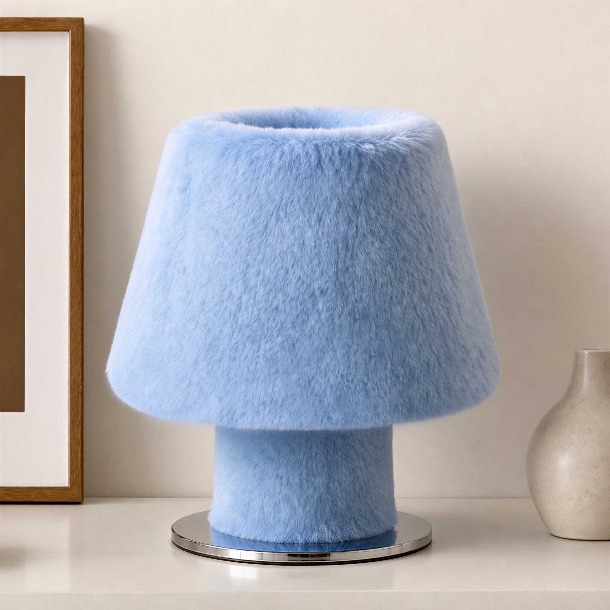 Sculptural blue faux fur bedside lamp with an organic modern aesthetic
