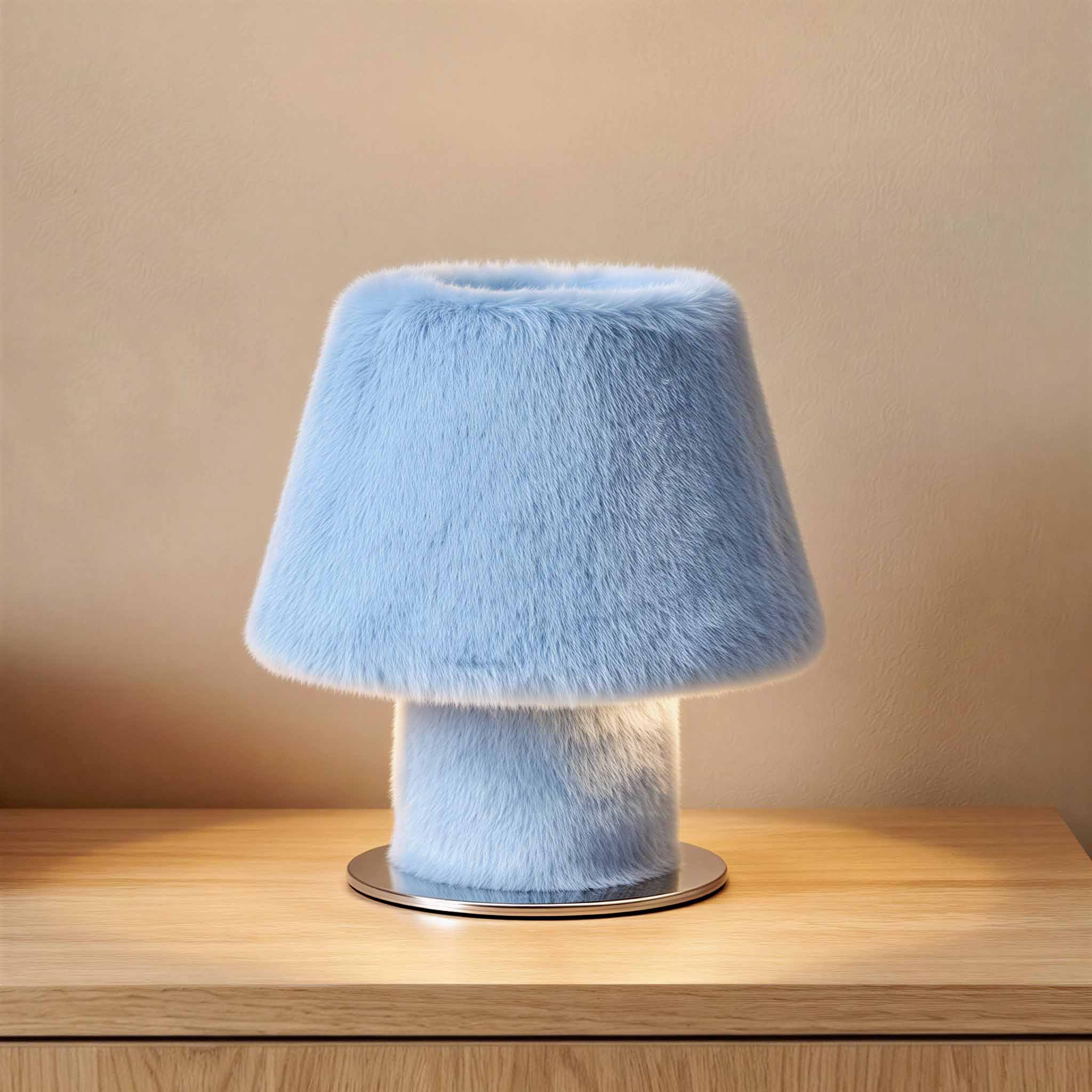 Illuminated light blue fluffy table lamp radiating warm ambient light
