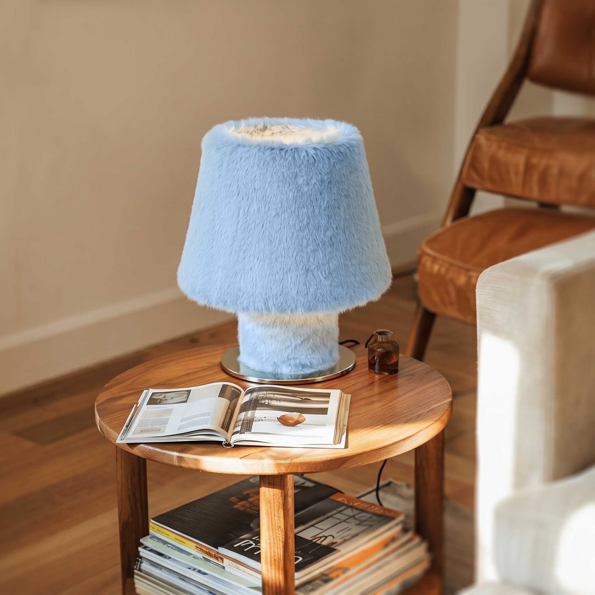 Blue luxury faux fur table lamp illuminating a modern wooden side table