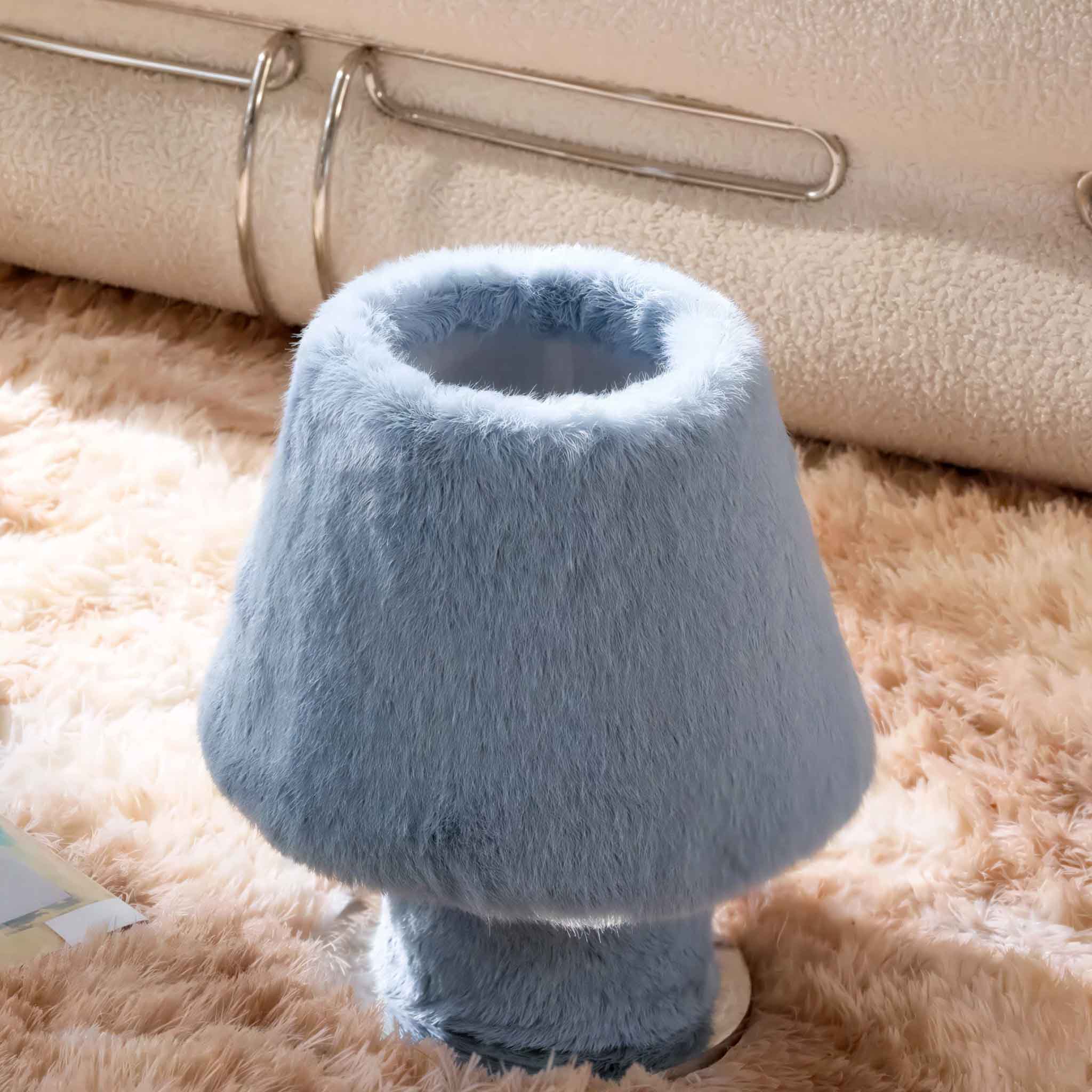 Close-up texture of premium blue eco-friendly faux fur lampshade