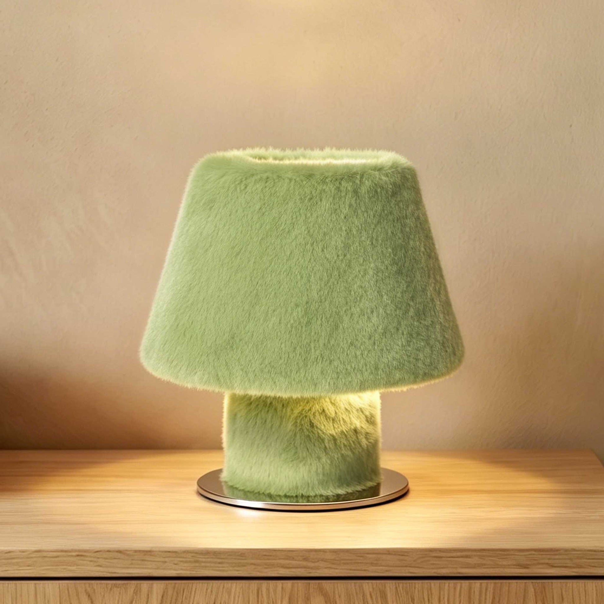Illuminated green fluffy table lamp radiating warm ambient light