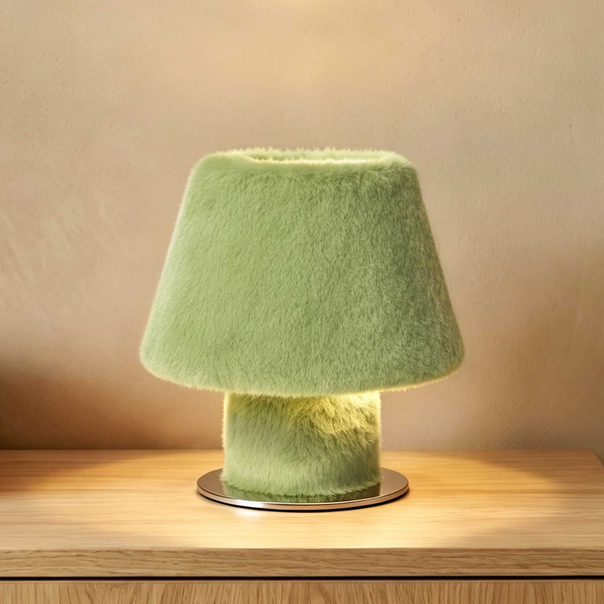 Illuminated green fluffy table lamp radiating warm ambient light
