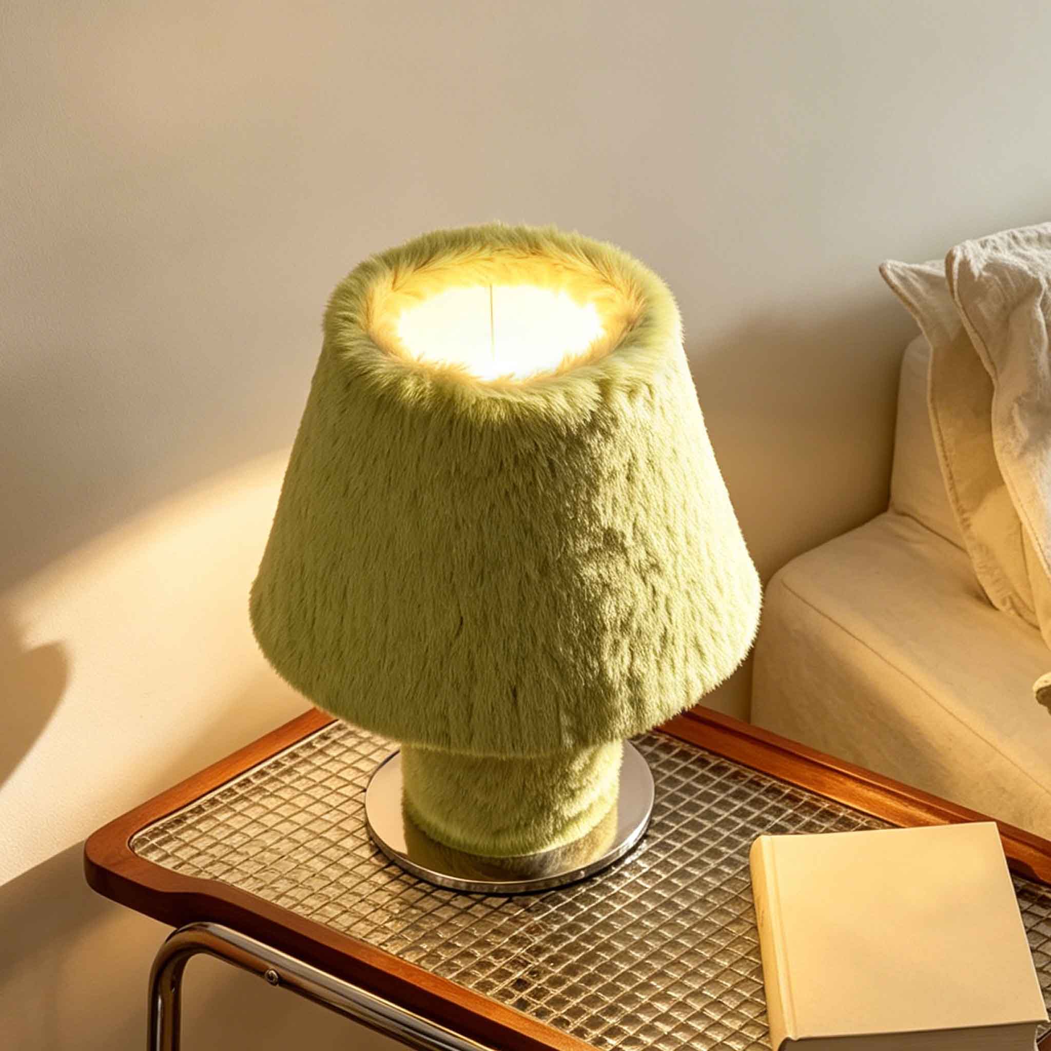 Close-up texture of premium green eco-friendly faux fur lampshade