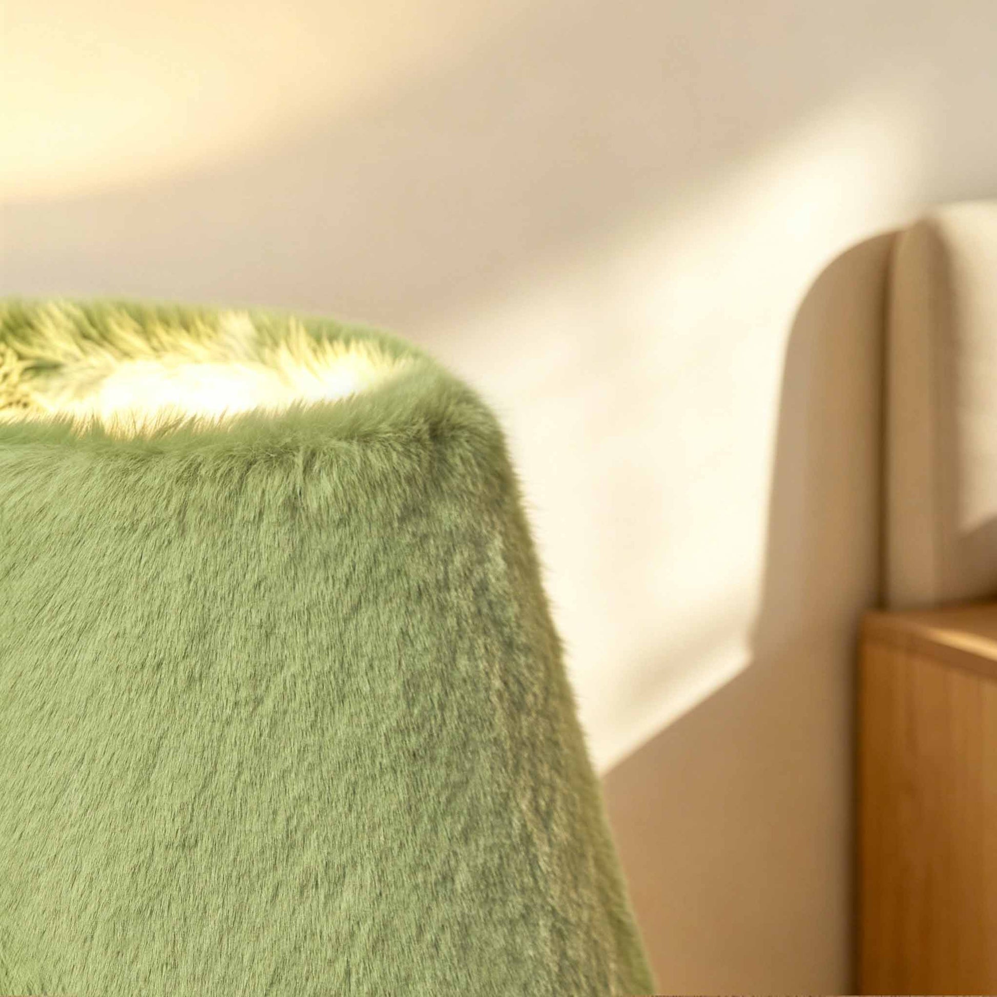 Tactile green faux fur material glowing under warm modern illumination
