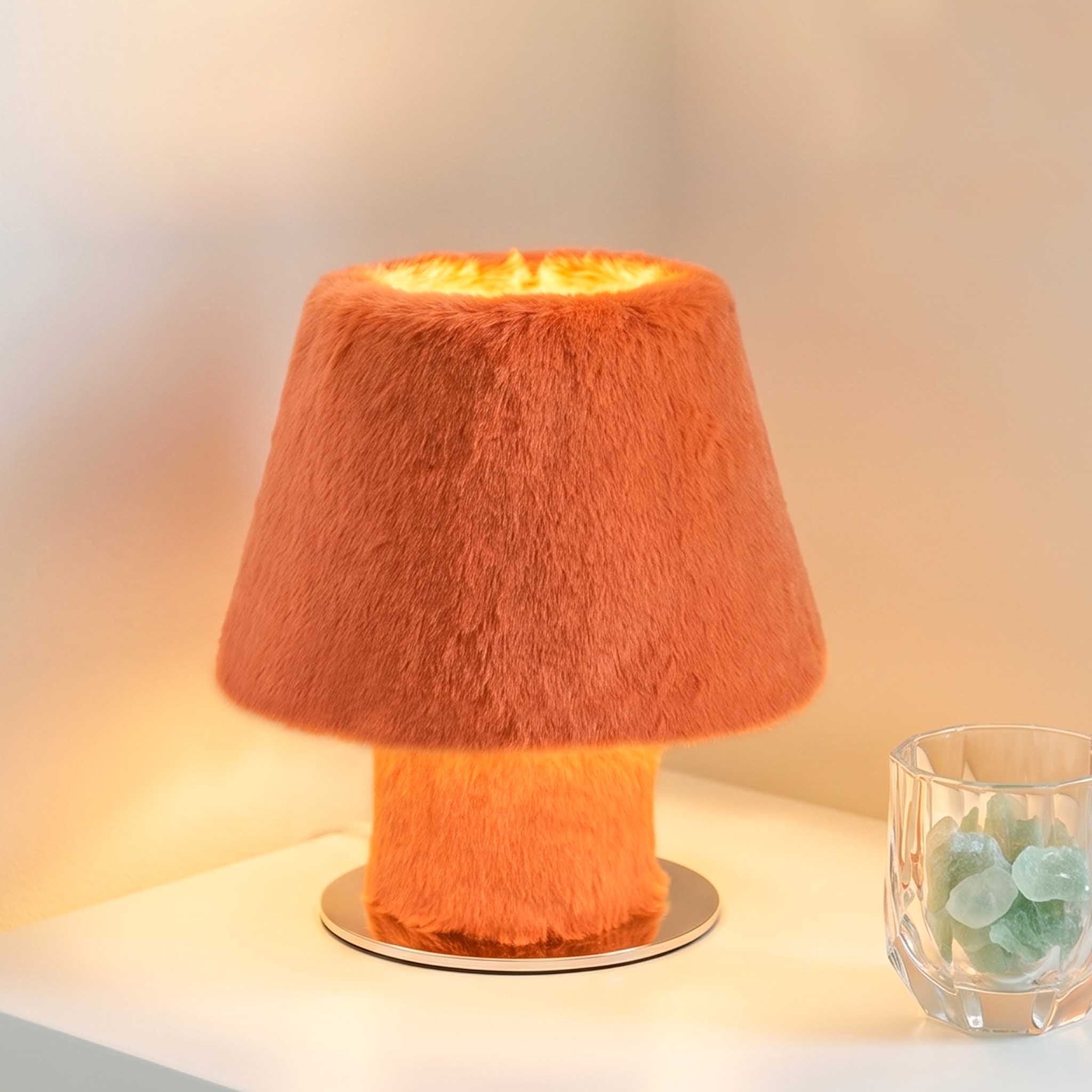 Sculptural faux fur bedside lamp with an organic modern aesthetic
