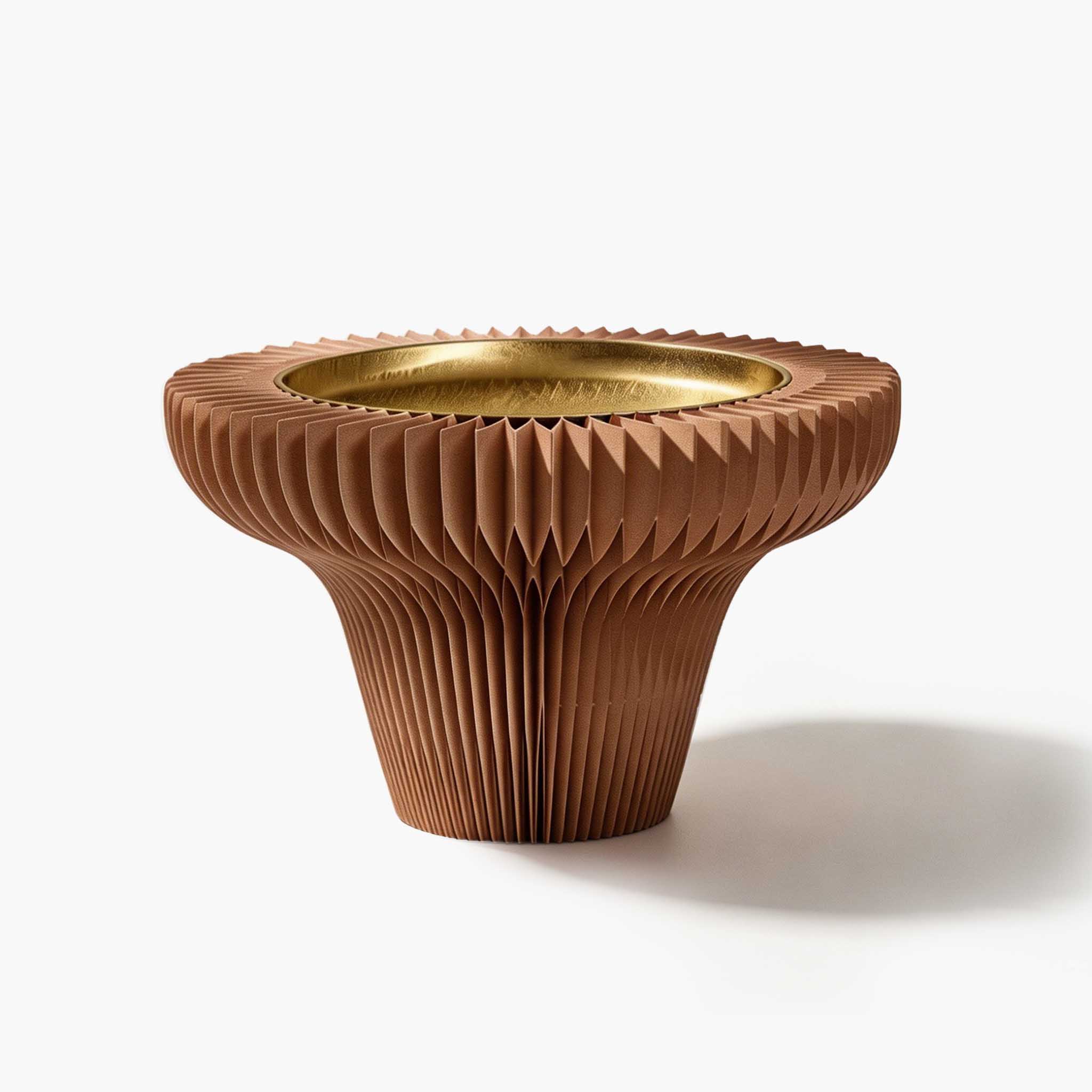 Warm brown minimalist tall desktop riser blending geometric paper craftsmanship and sleek metal.