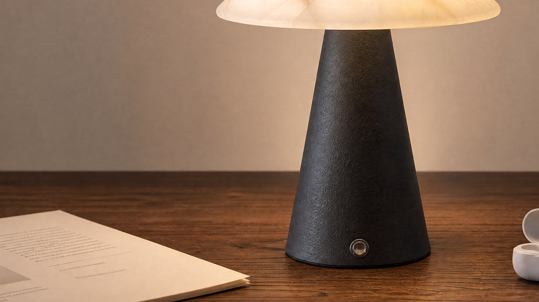 The artamore textured marble lamp illuminating a contemporary indoor space with soft ambient lighting, creating a calm and relaxing evening environment.