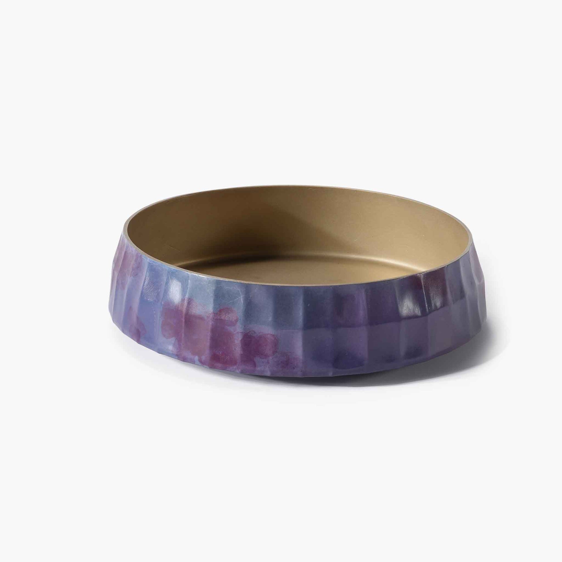 Front view of The Wish Zen Ikebana Vessel in purple , showcasing the sophisticated square-grid facade on solid brass