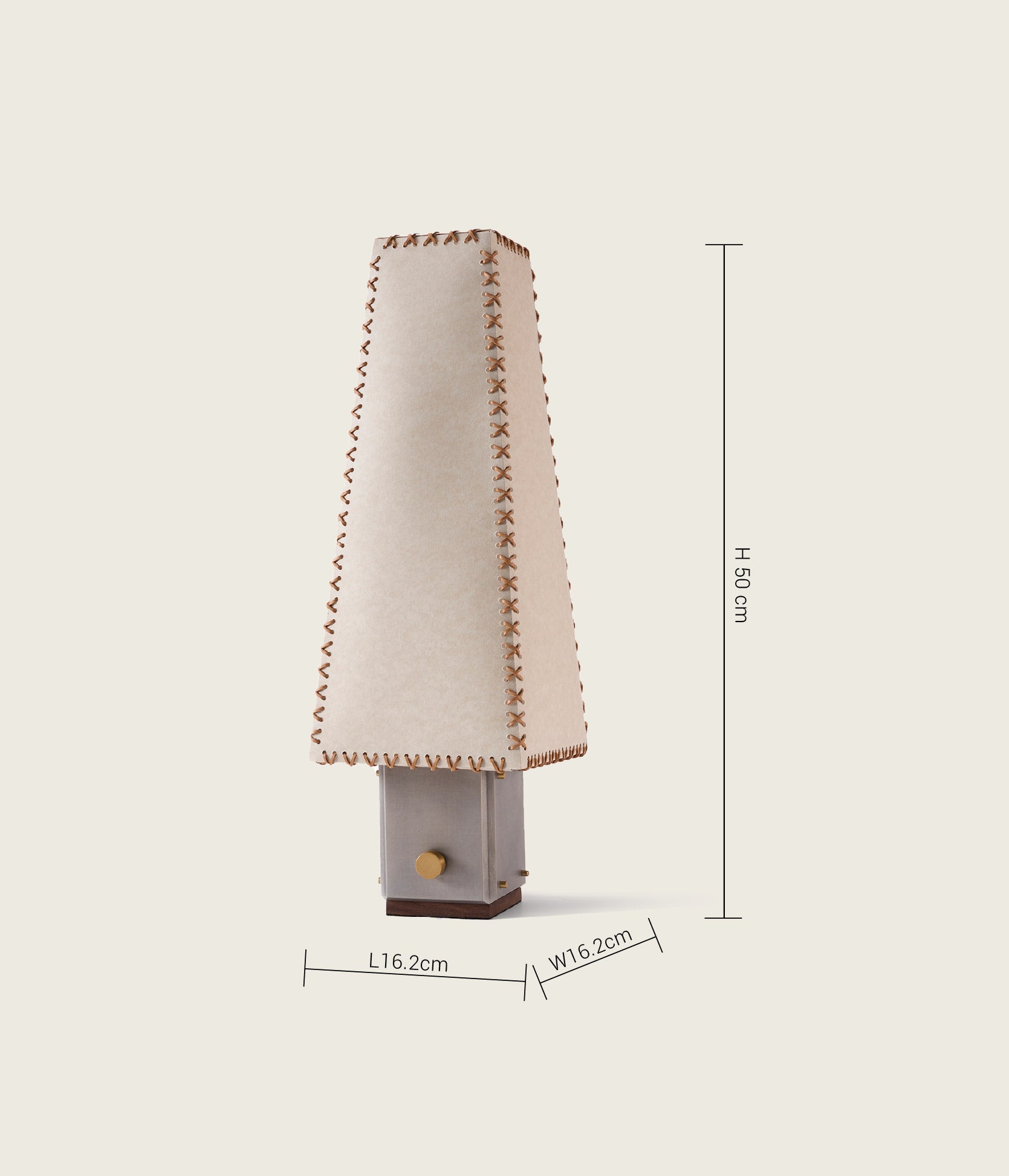 The dimensional specifications and proportions of the artamore handmade parchment letter lamp, measuring 50 centimeters in height, displayed against a clean background.
