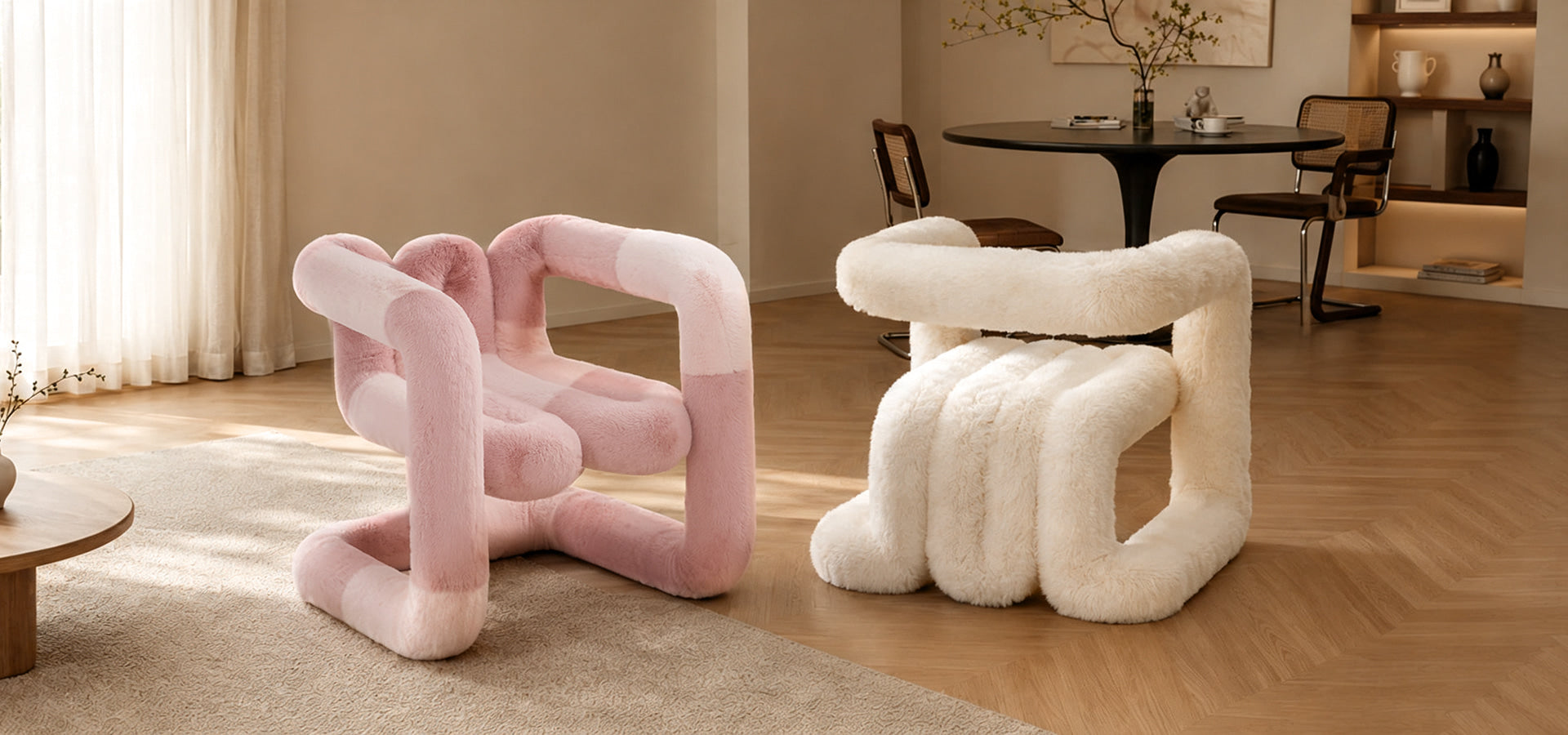 X-ZOO pink and ivory sculptural eco-fur lounge chairs in a warm contemporary living room.