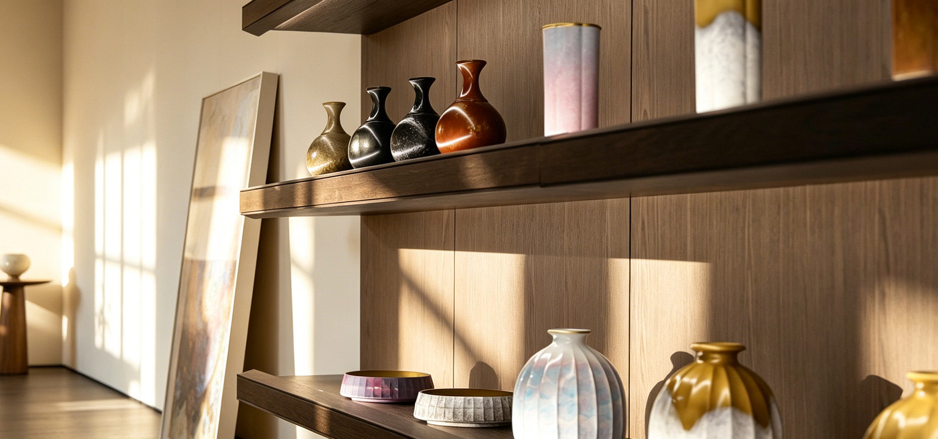 ATELIER YONG designer vases and decorative objects displayed on warm wood shelving in soft natural sunlight.