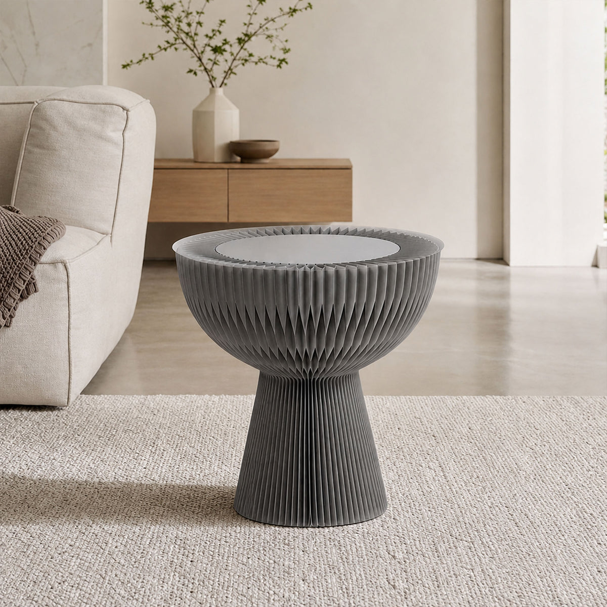 Grey Bouquet Side Table A with sculptural honeycomb form in a neutral contemporary living room.