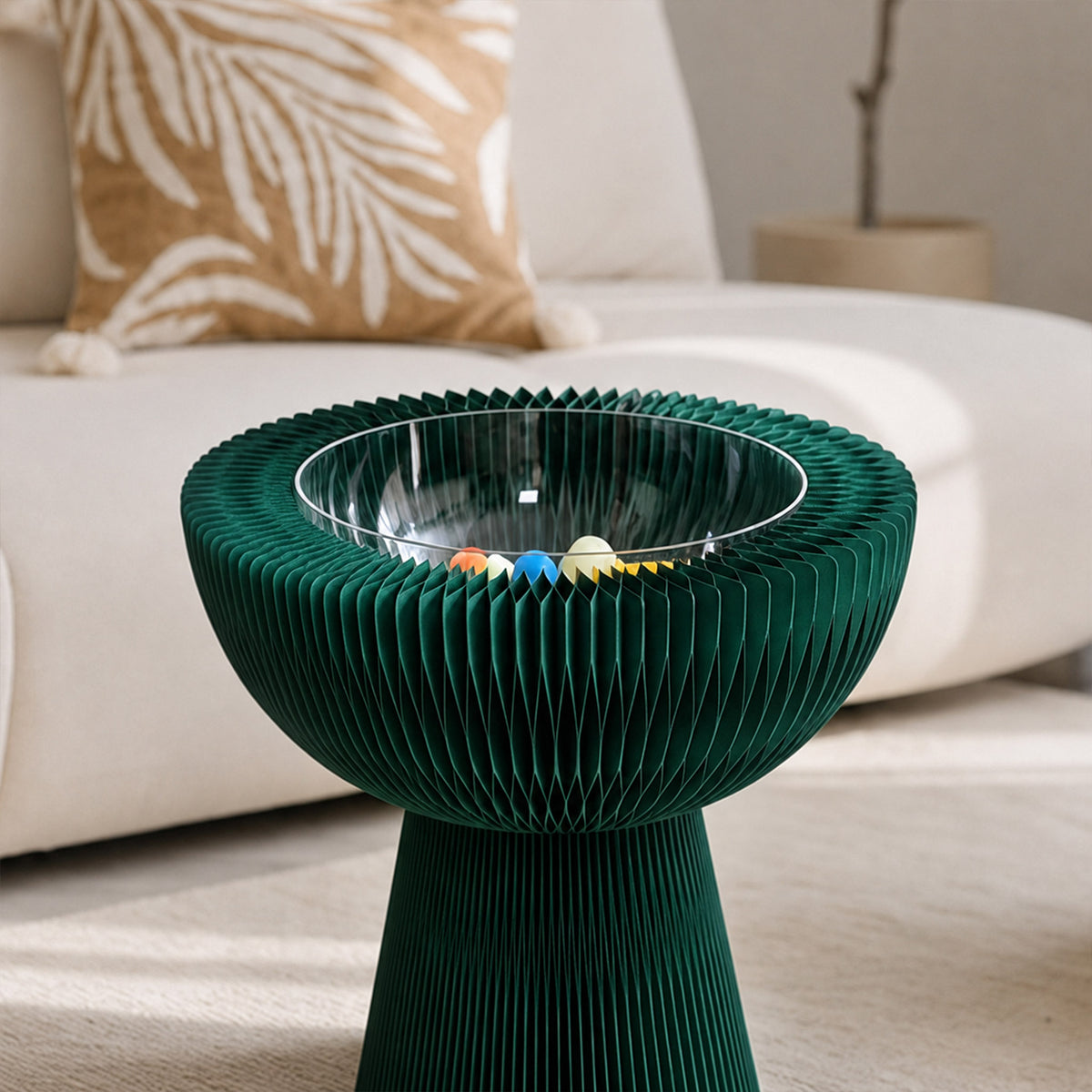 Pine green Bouquet Side Table A showing its center-hollow storage compartment with a clear inner tray.