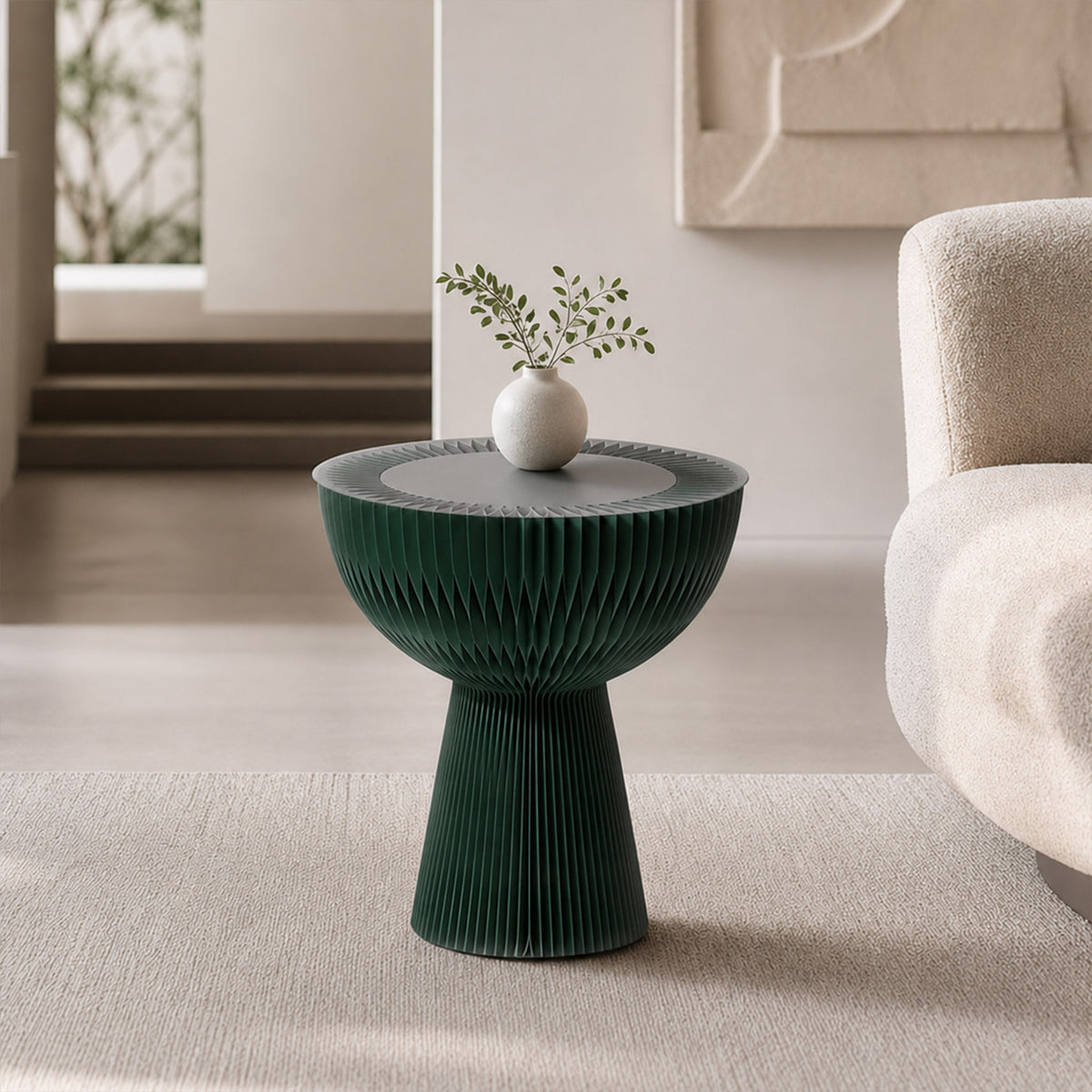 Pine green Bouquet Side Table A with a ceramic vase in a minimal contemporary living room.