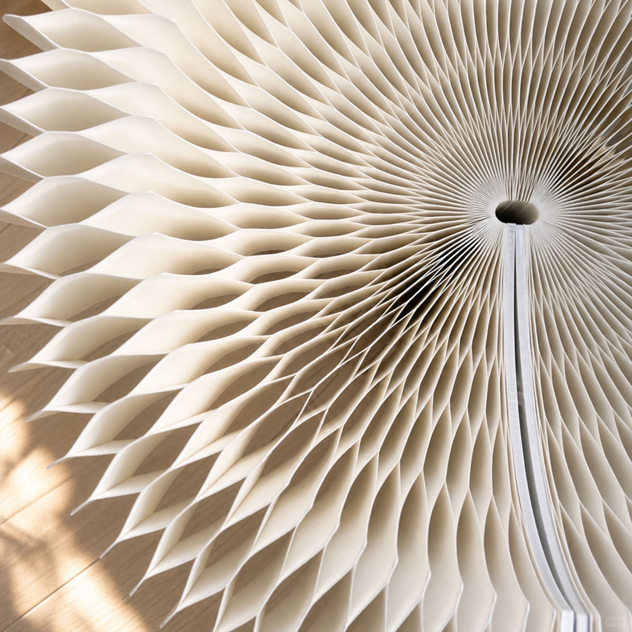 Close-up of the white Bouquet Side Table A radial honeycomb paper structure.