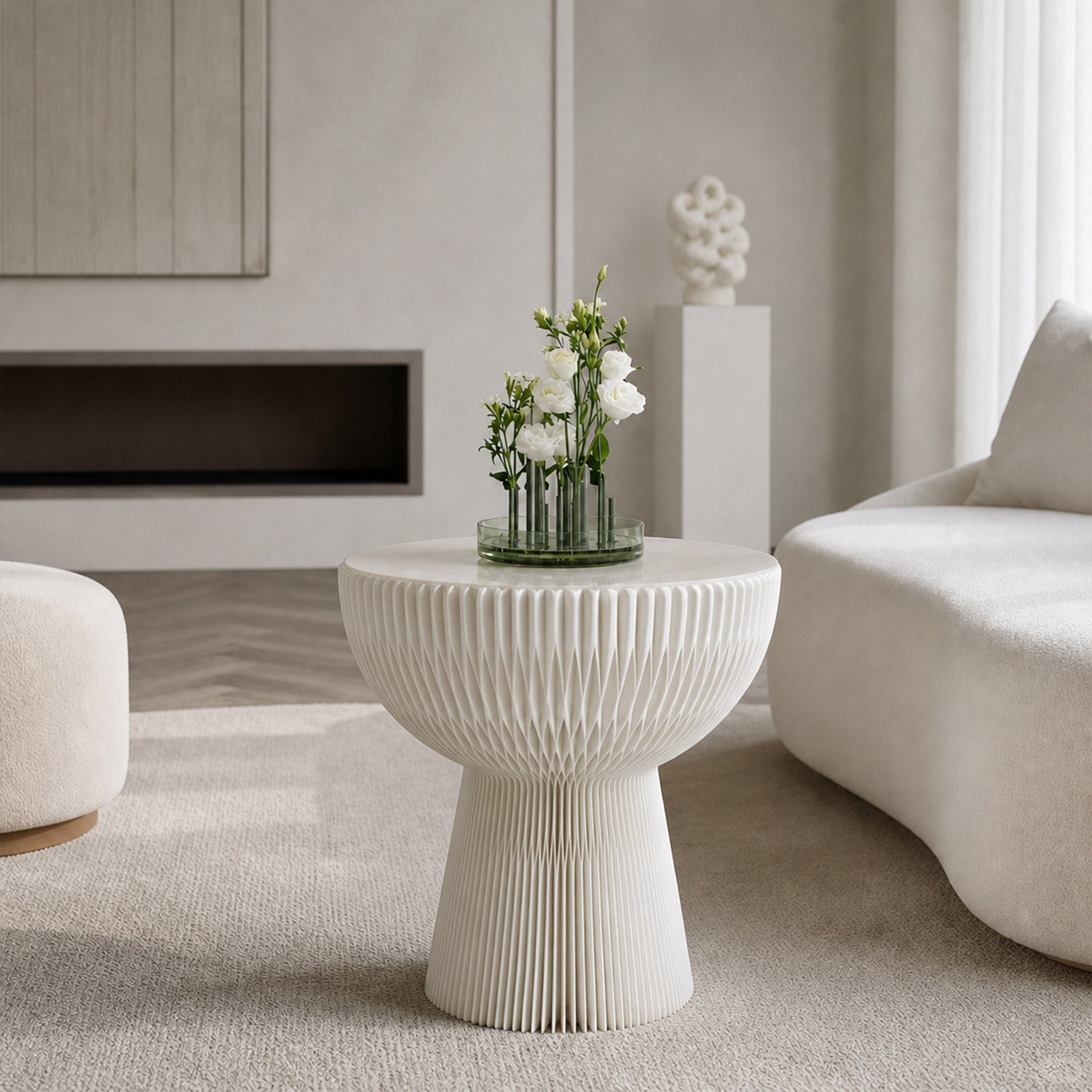 White Bouquet Side Table A with floral arrangement in a soft minimalist living room.