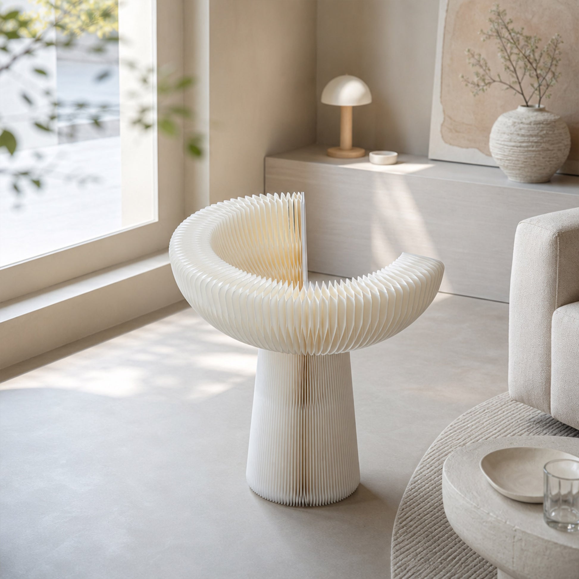 White Bouquet Side Table A shown open to reveal its foldable honeycomb paper structure.